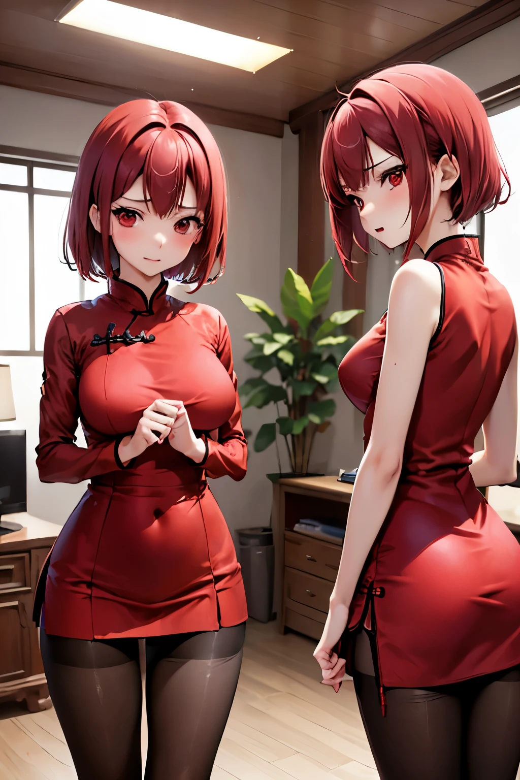 masutepiece, Best Quality, 1girl in, (karen),Red color hair, (red eyes:1.2),((qipao dress))、((a miniskirt))、((embarassed expression))、((Bedroom))、((Photo from below))、((pantyhose))、((short-hair))、((Red panties))