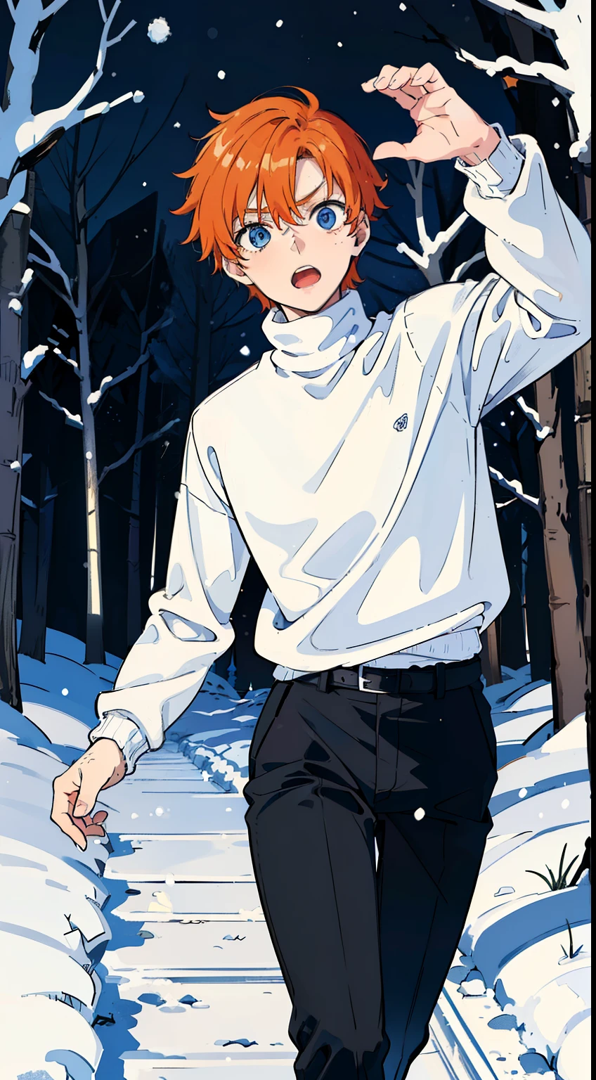 (1boy,teen,18 years old), orange hair, blue eyes,(black pants),(((white sweater,turtleneck))),(snow,snowing,night,in a forest,night),((serious face,open mouth)),cowboy shot,((running,from front)),a raised hand,night