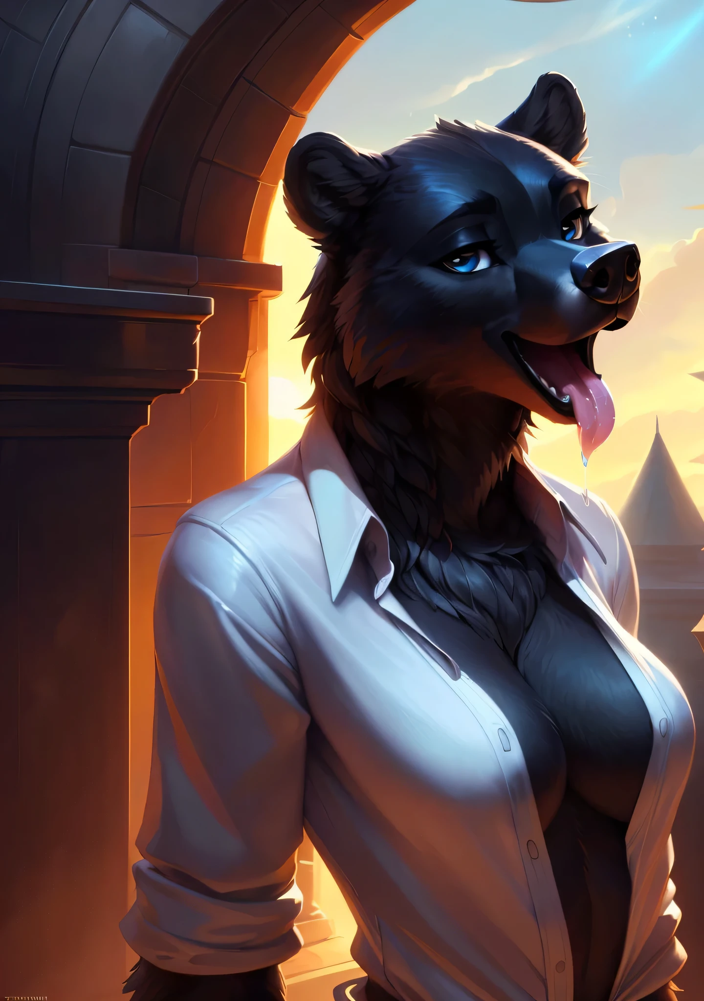 uploaded on e621, by Pixelsketcher, by Bayard Wu, by Thomas Benjamin Kennington , by Einshelm, solo anthro, ((face portrait)), BREAK, ((mouth open tongue out, saliva dripping)), ((wear unbuttoned shirt)), (detailed Bonifasko lighting), (detailed fur), (detailed skin), BREAK, ((mouth open tongue out, saliva dripping)), ((wear unbuttoned shirt)), ((wavy haicing viewer )), (cinematic lighting), ((detailed background)), ((face view)), (((portrait view))), (half shadow), [backlighting], [crepuscular ray], [detailed ambient light], [gray natural lighting], [ambient light], (higher wildlife feral detail), [explict content], [sharp focus], (questionable content), (shaded), ((masterpiece), wavy hair, big hips, medium featureless breasts, breasts, furry black bear, black bear face, Furry Fantasy Art, Anthro Art, Commission for High Res, Furry Art, furry Art,Sakimichan beautiful, masterpiece, medium featureless breasts, best quality, detailed image, bright colors, detailed face, perfect lighting, perfect shadows, perfect eyes, girl focus, black bear eyes, flawless face, big featureless breasts, gorgeous, shiny face, face focus, black bear ears, black bear girl, fluffy, fluffy woman, face fur, animal nose, muzzle, two-tone fur, gaze at the viewer, half-closed eyes, 1girl, solo, full face only, (masterpiece), (best quality), (illustration), (cinematic lighting), wavy hair, detailed fur, balanced coloring, global illumination, ray tracing, good lighting, black bear, furry, anthro, showing featureless breasts, cleavage, attractive face, sexy face, looking at viewer, seductive look, SFW