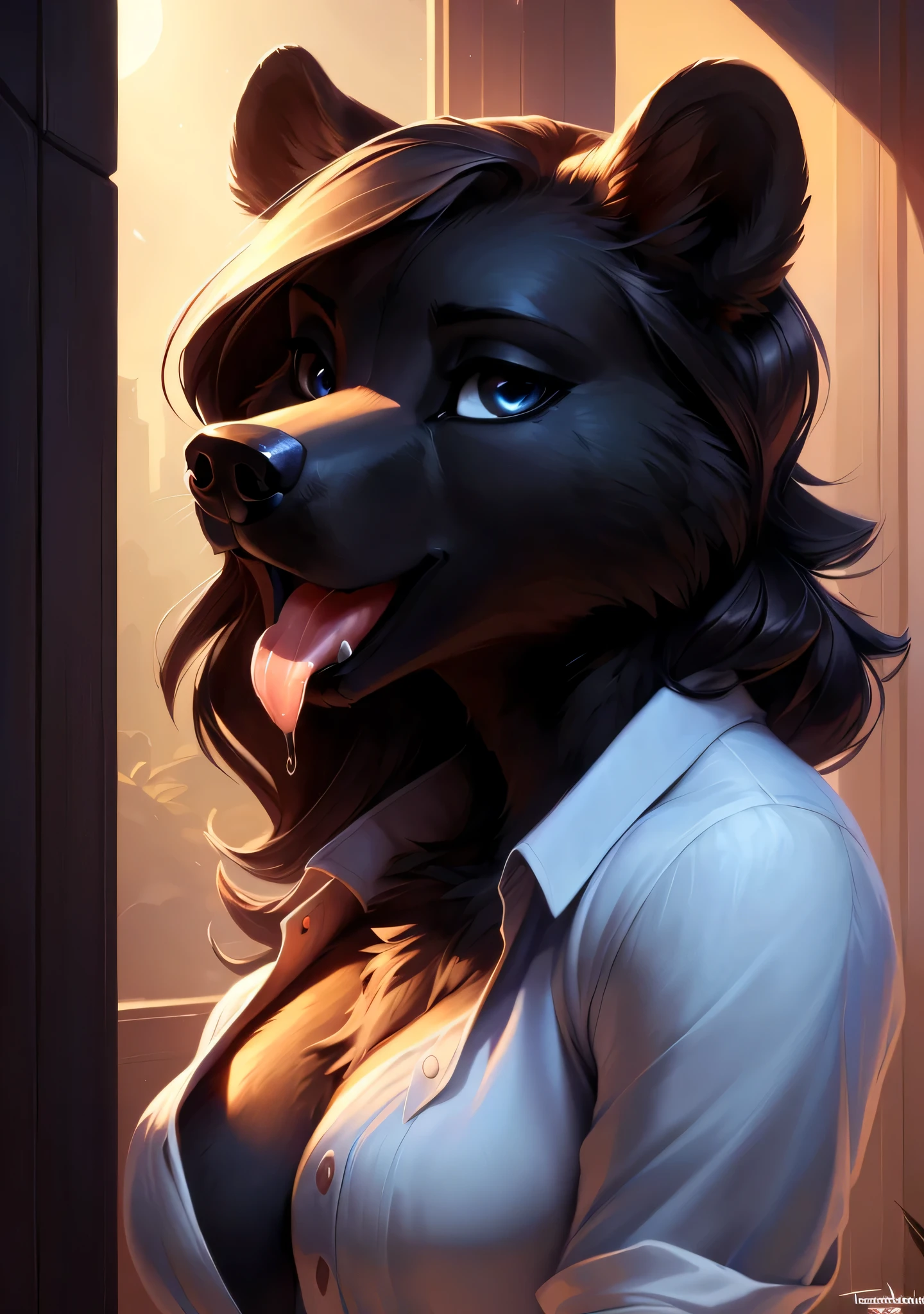 uploaded on e621, by Pixelsketcher, by Bayard Wu, by Thomas Benjamin Kennington , by Einshelm, solo anthro, ((face portrait)), BREAK, ((mouth open tongue out, saliva dripping)), ((wear unbuttoned shirt)), (detailed Bonifasko lighting), (detailed fur), (detailed skin), BREAK, ((mouth open tongue out, saliva dripping)), ((wear unbuttoned shirt)), ((wavy haicing viewer )), (cinematic lighting), ((detailed background)), ((face view)), (((portrait view))), (half shadow), [backlighting], [crepuscular ray], [detailed ambient light], [gray natural lighting], [ambient light], (higher wildlife feral detail), [explict content], [sharp focus], (questionable content), (shaded), ((masterpiece), wavy hair, big hips, medium featureless breasts, breasts, furry black bear, black bear face, Furry Fantasy Art, Anthro Art, Commission for High Res, Furry Art, furry Art,Sakimichan beautiful, masterpiece, medium featureless breasts, best quality, detailed image, bright colors, detailed face, perfect lighting, perfect shadows, perfect eyes, girl focus, black bear eyes, flawless face, big featureless breasts, gorgeous, shiny face, face focus, black bear ears, black bear girl, fluffy, fluffy woman, face fur, animal nose, muzzle, two-tone fur, gaze at the viewer, half-closed eyes, 1girl, solo, full face only, (masterpiece), (best quality), (illustration), (cinematic lighting), wavy hair, detailed fur, balanced coloring, global illumination, ray tracing, good lighting, black bear, furry, anthro, showing featureless breasts, cleavage, attractive face, sexy face, looking at viewer, seductive look, SFW