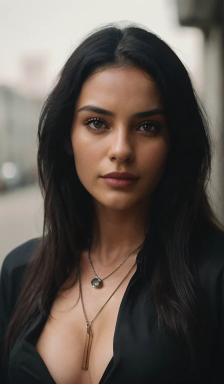 1girl, solo, jewelry, breasts, necklace, cleavage, realistic, black hair, dark braun eyes, looking at viewer, lips, no makeup, long hair, upper body, black hair,slate atmosphere, cinematic, dimmed colors, dark shot, muted colors, film grainy, lut, insane details, intricate details, seductive, in street, happy, with sunglass, (highly detailed face:1.4) (smile:0.7) (background inside dark, moody, private study:1.OV, by lee jeffries, nikon d850, film stock photograph ,4 kodak portra 400 ,camera f1.6 lens ,rich colors ,hyper realistic ,lifelike texture, dramatic lighting , cinestill 800,