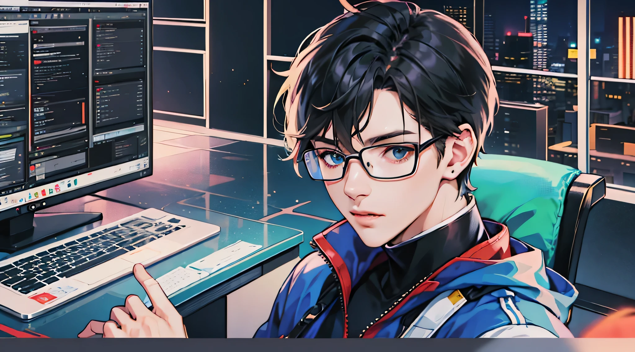 Anime boy calls to talk, ig studios anime style, nightcore, style of anime4 K, High quality anime art style, Anime boy, young anime man, Anime art style, wearing turtle neck, wearing glasses, Digital anime illustration, Anime style. 8K, in an anime style, male anime character, Kawasi,best qualtiy:1.0),(超高分辨率:1.0),Anime boys,with short black hair,blue color eyes,sitting in front of the computer,The background is in the esports room,Earphone,,8K