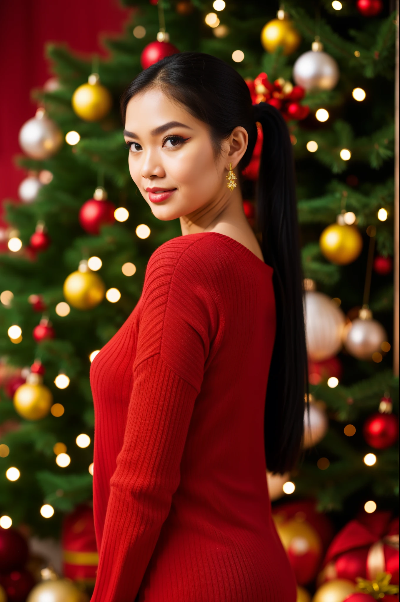 professional photography of a full-body indonesian woman in red festive jumper, happy, confident pose, festivecore, curvy figure emphasized, long ponytail hair, heavy eye makeup, shiny eyes, vivid colors, quadratura, hdr, uhd, masterpiece, best quality, professional lighting, festive lighting, dramatic lighting, shallow depth of field, festive background, physics-based rendering, 8k, bokeh, vibrant hues, detailed skin textures