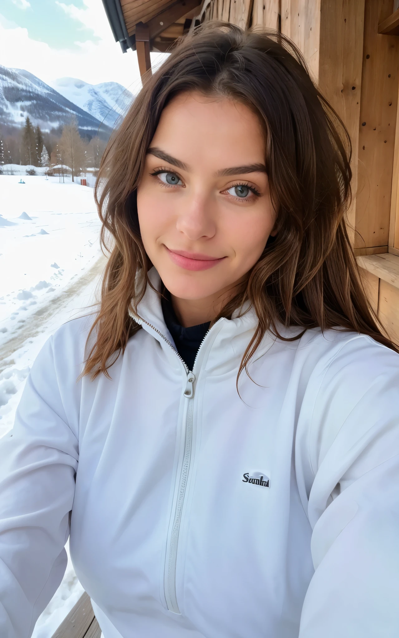 Selfie shot Beautiful brunette with blonde highlights takes a selfie photo, complete body, im gebirge, wearing a winter ski outfit  ,im winter schnee urlaub,al fresco, wirkliches Leben nature, Highly detailed, 22 Jahre alt, Unschuldiges Gesicht, Natural wavy hair, blaue Augen, high resolution, Meisterwerk, best quality, Komplizierte hohe Detailgenauigkeit, Highly detailed, Scharfer Fokus, Detaillierter Skin, realistic skin Textur, Textur, Detaillierte Augen, Professionell, 4K, charming smile, aufgenommen mit Canon, 85mm, light depth of field, Kodak Vision Farbe, Perfectly fitting body , Extrem detailliert, Fotografie_\(Ultra\), fotorealistisch, realistisch, Nachbearbeitung, Maximale Details, Rauhigkeit, wirkliches Leben, shot on Kodak Gold 400