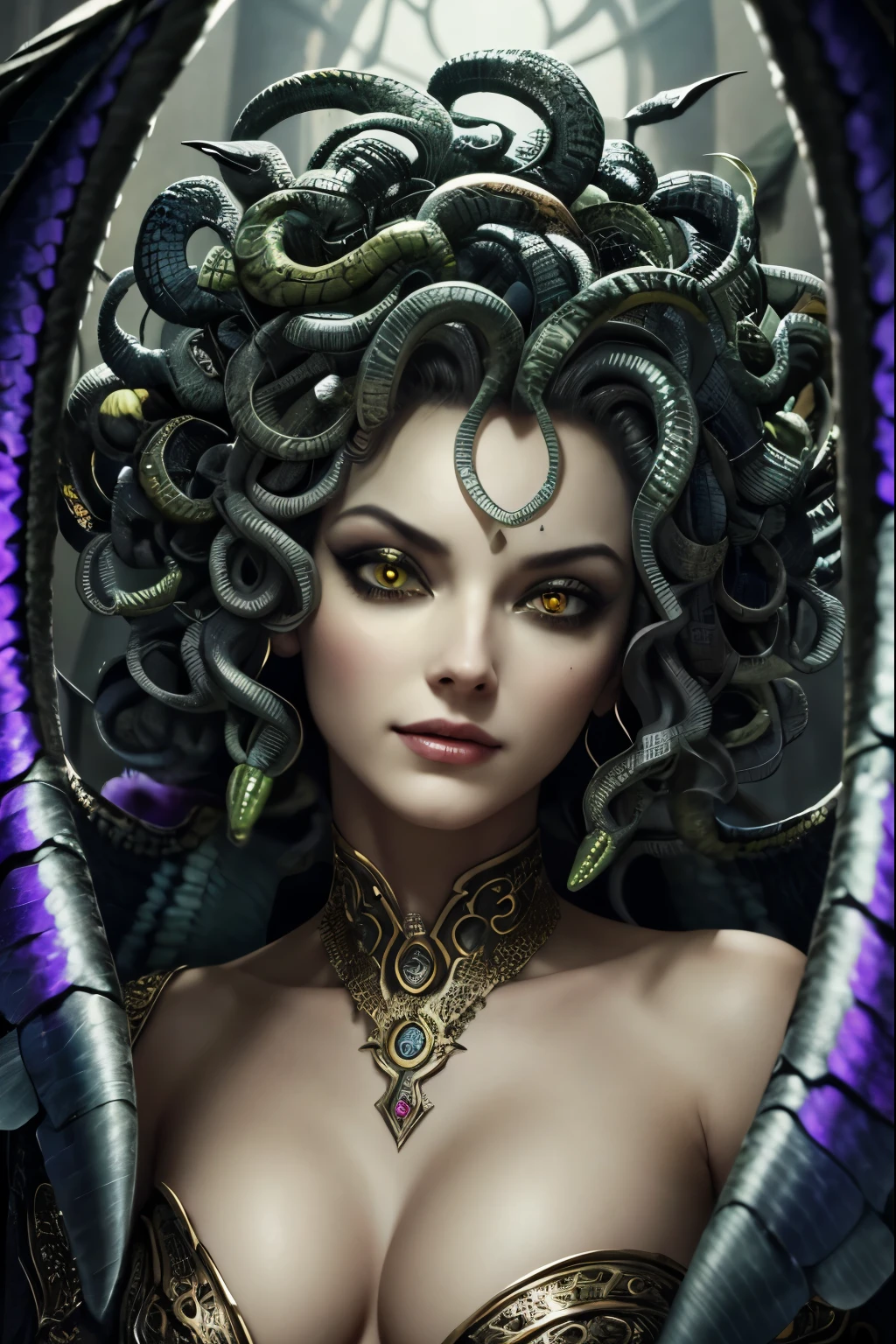 “Draw Medusa from Greek mythology based on her classical description. Portray a woman of unearthly beauty with a pale face, chiseled features and piercing eyes. Seu cabelo deve ser composto por serpentes vivas e venenosas, variando em tamanho e cor, com escamas reluzentes e olhos sinistros. Vista-a com uma veste que lembra uma armadura feita de escamas de serpentes. It has sharp claws on its hands and membranous wings on its back.. Make sure you capture the mischievous expression in his smile, while maintaining a menacing, petrifying look in his eyes. Convey your fearsome and terrifying nature in every detail.