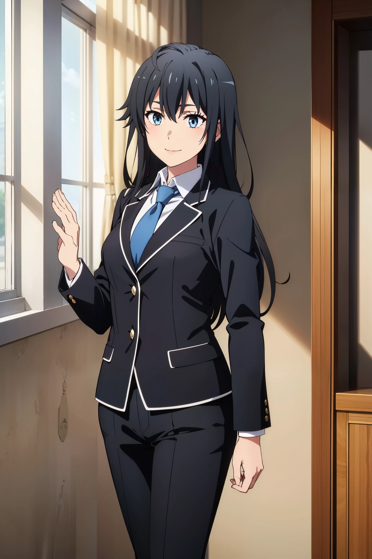 Yukinoshita yukino ,woman in formal attractive tailcoat standing in a large alcove in the room , 1girl, solo, blue necktie, black hair, blue eyes, long hair, smile , collared shirt, white pants, white shirt , tailored tailcoat elegant , standing in front of a window ,tailcoat tailored to elegant crafted from the lustrous fabric