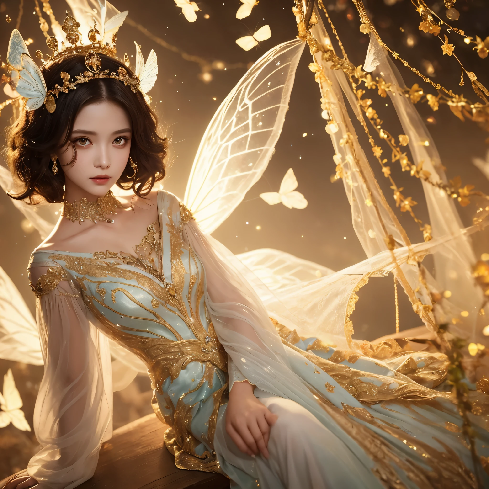 Delicate pupils,sitting down casually,lazy,A realistic fantasy masterpiece full of highlights., glinting, そしてConvoluted, ornate detail.. make a petite woman,wearing a beautiful and exquisite crown,sitting on the swing in the garden at night. she is a beautiful butterfly queen,has attractive black curly hair, Incredibly realistic and detailed dynamic eyes,Colorful,realistic shaded. her skin is white and transparent, Her eyes are shining, her clothes are very elegant. Her dress is made of the finest tulle,Delicate e, Convoluted, Delicate floral details and gold silk butterfly sleeves. Her sad face is cute. Also includes flowers that glow in the dark, many particles, very realistic fantasy butterfly,Decorated with translucent jewel-toned wings そしてConvoluted details, And shine. Artwork is Guviz style,reminds me of the genre,NP, Popular fantasy games on Artstation and Midjourney. camera: Use dynamic compositing techniques,Emphasizes elegant and delicate details.