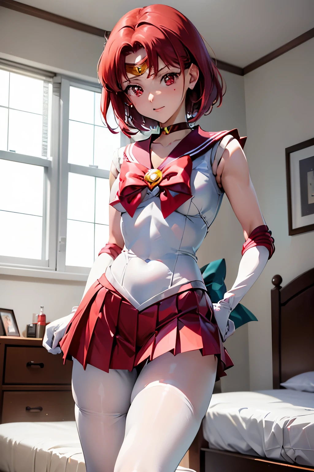 masutepiece, Best Quality, 1girl in, (karen),Red color hair, (red eyes:1.2),((Sailor Senshi))、((a miniskirt))、((embarassed expression))、((Bedroom))、((Photo from below))、((pantyhose))、((short-hair))、((White Long Gloves))