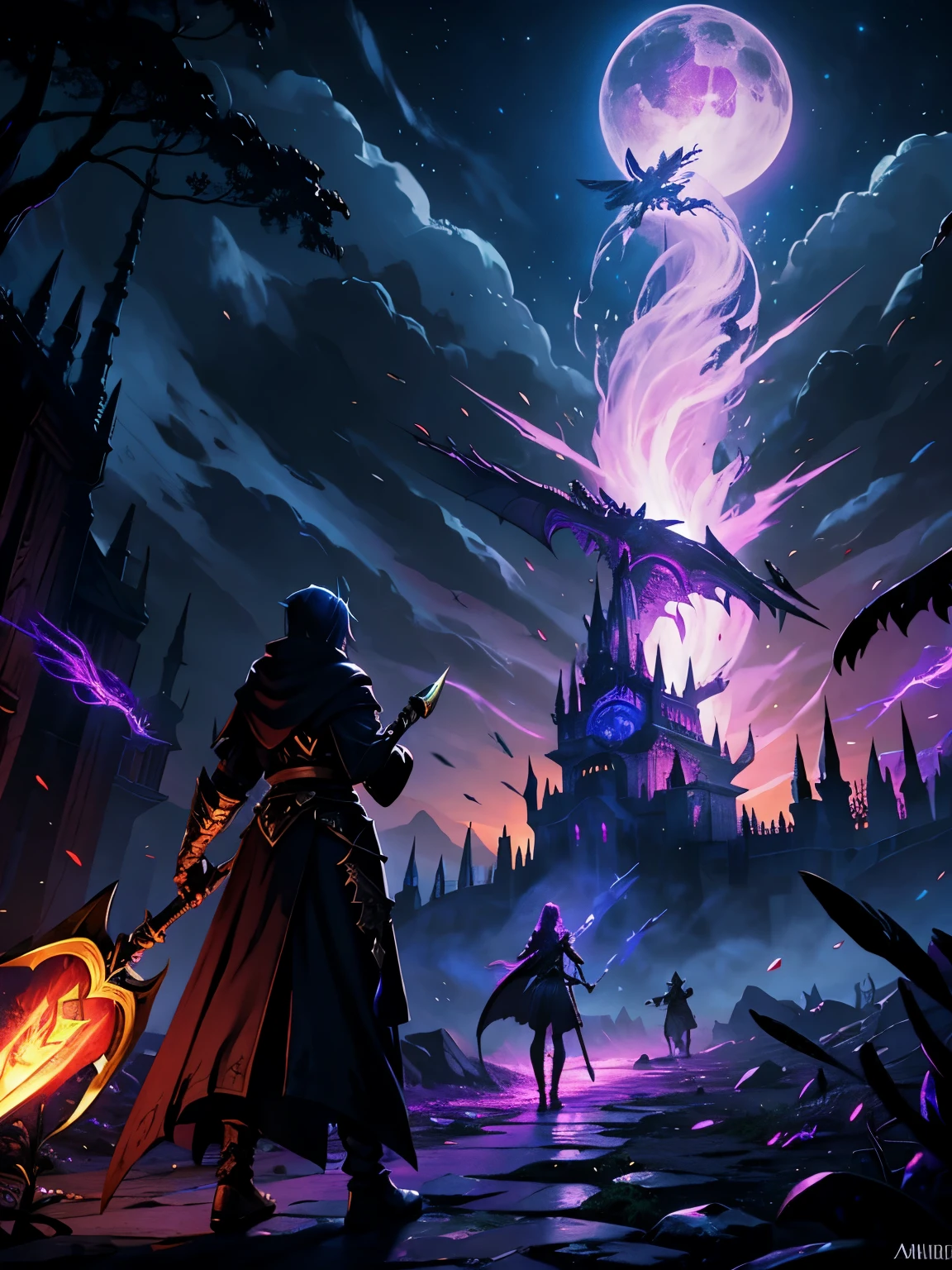 shigureuiloli,Magicka, aetherpunk, ahn'qiraj, dalaran,dungeons and dragons, titans, warlock,mercy,robe,holding scythe and a sword, magitek,magical fantasy 2d,