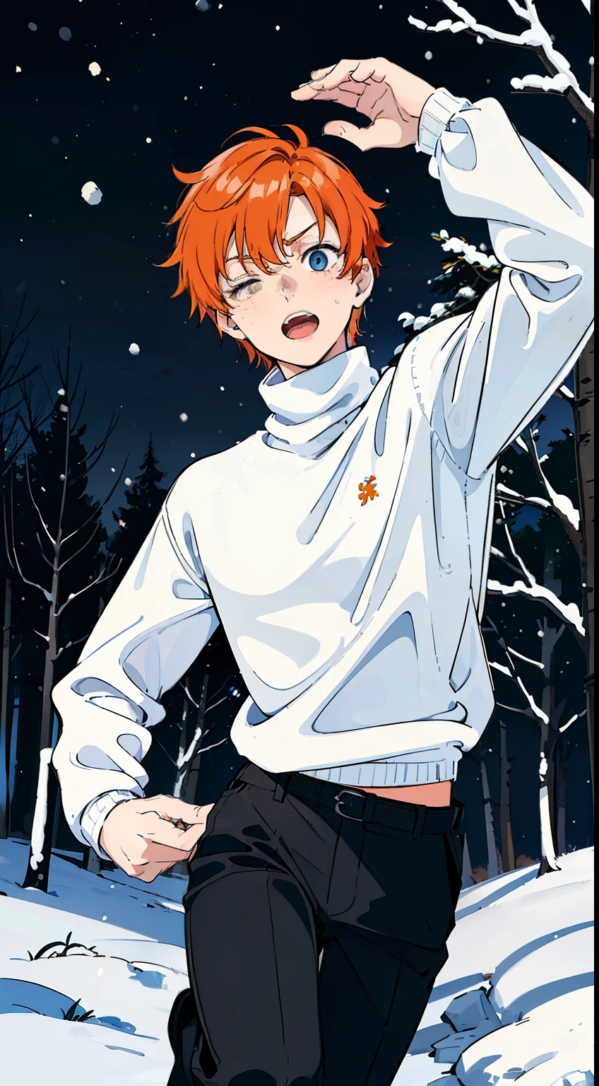 (1boy,teen,18 years old), orange hair, blue eye,(black pants),(((white sweater,turtleneck))),(snow,snowing,night,in a forest,night),((serious face,open mouth)),cowboy shot,((running,from front)),a raised hand,night,one eye closed