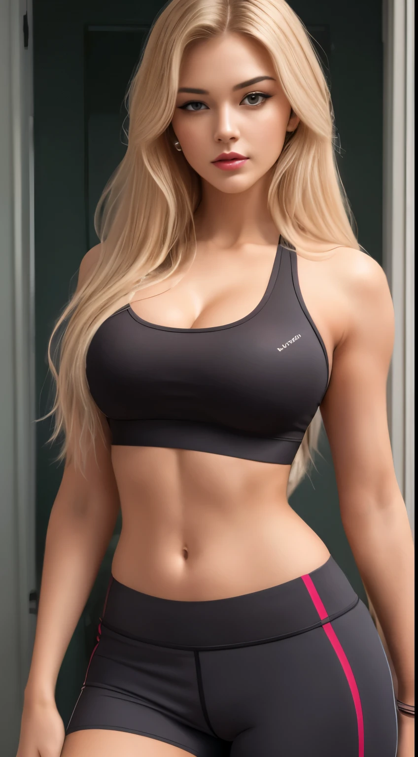 (Masterpiece), 8K, realistic sunrays, Top quality, Movie light,Best quality, official art, (Beautiful and aesthetic:1.2), Beautiful young woman,19 years old, Caucasian, model body, college girl, blonde, super long hair, black sexy seamLess short pants, (very tight sports bra), bathroom, Sexy hot goddess,gigantic cleavage breasts (Round breasts),Sexy red lips,(high cold woman,closed lip, full body photo