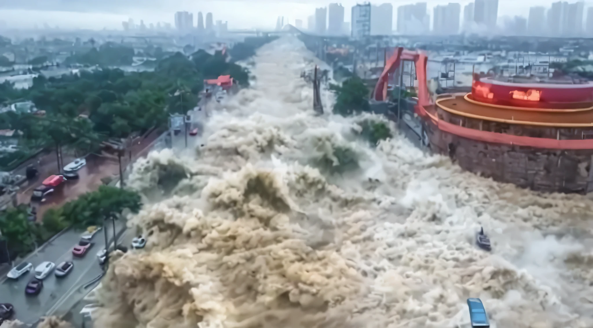 arafed view of a delugeed street in a city with cars driving through it, massive river, deluge, deluges, Rio gigante, Mesmo, very bunda enorme waves, journalistic photo, 3 metros, tsunami, delugeed city, Awesome, surreal!!!, bunda enorme, delugeing, Ruanjia, Baotou China, hideous, fotografia de desastres, massive waves, Sha Xi