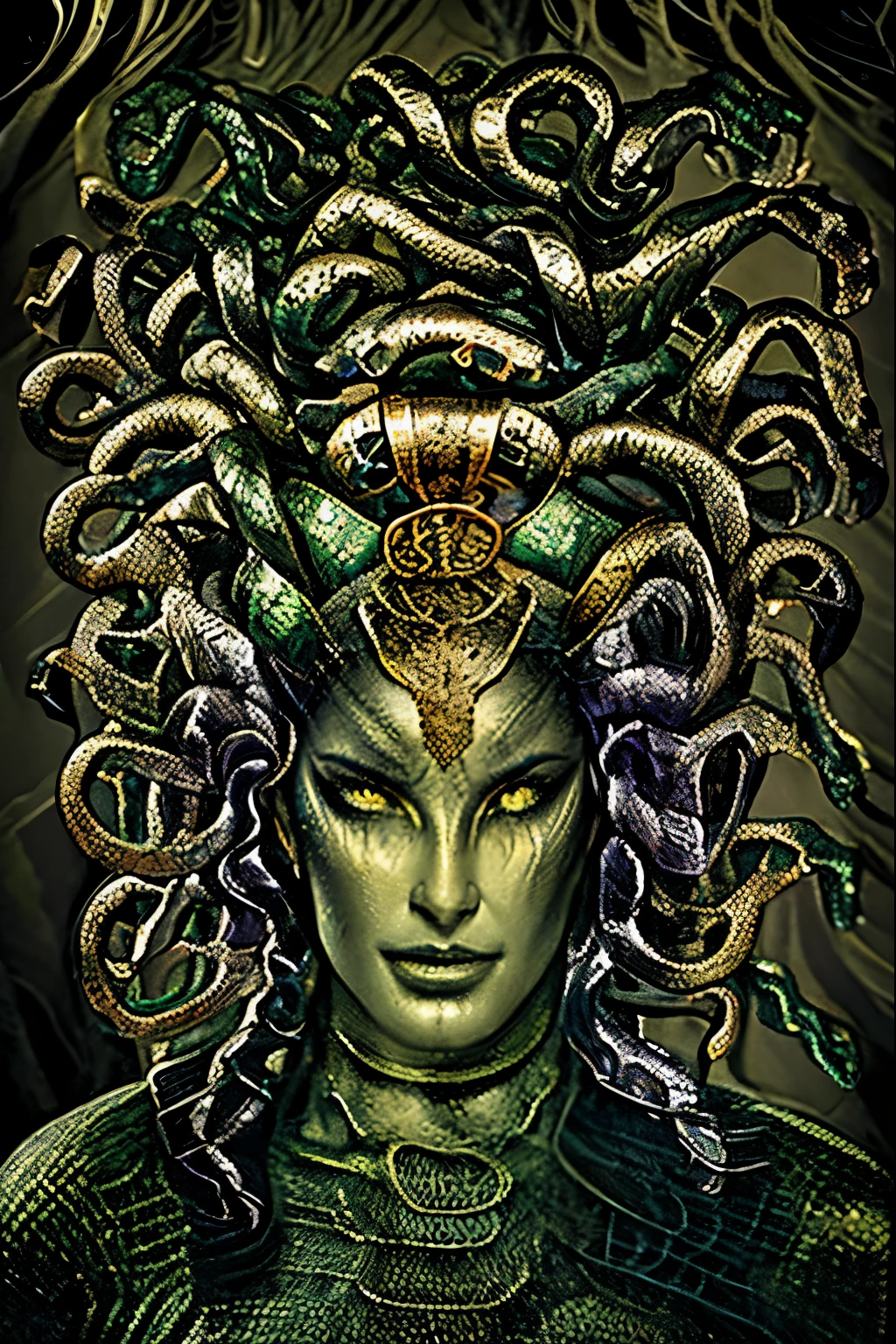“Draw Medusa from Greek mythology based on her classical description. Portray a woman of unearthly beauty with a pale face, chiseled features and piercing eyes. Seu cabelo deve ser composto por serpentes vivas e venenosas, variando em tamanho e cor, com escamas reluzentes e olhos sinistros. Vista-a com uma veste que lembra uma armadura feita de escamas de serpentes. It has sharp claws on its hands and membranous wings on its back.. Make sure you capture the mischievous expression in his smile, while maintaining a menacing, petrifying look in his eyes. Convey your fearsome and terrifying nature in every detail.