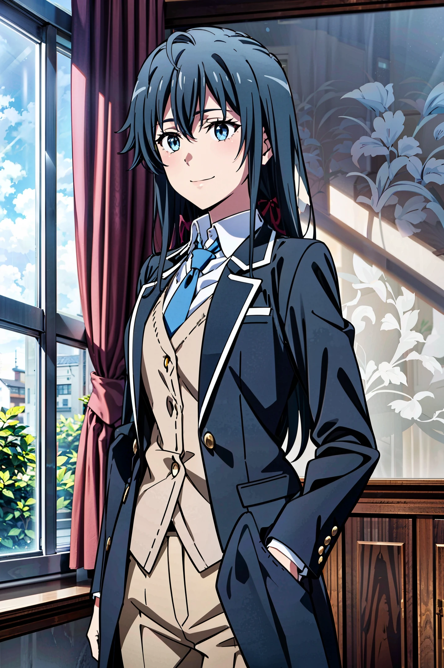 Yukinoshita yukino ,woman in formal attractive tailcoat standing in a large alcove in the room , 1girl, solo, blue necktie, black hair, blue eyes, long hair, smile , collared shirt, white pants, white shirt , tailored tailcoat elegant , standing in front of a window ,tailcoat tailored to elegant crafted from the lustrous fabric