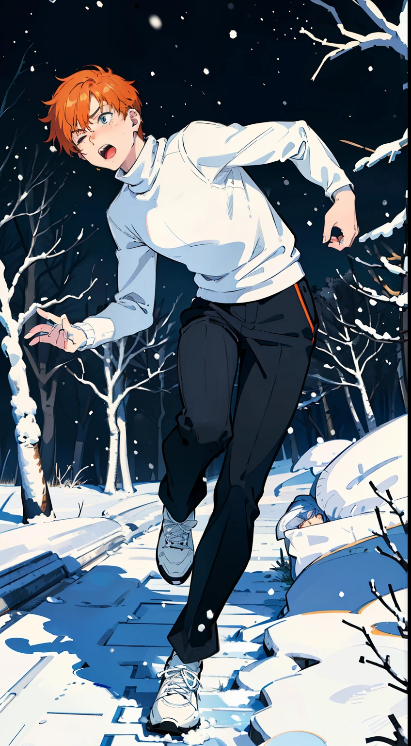 (1boy,,18 years old), orange hair, blue eye,(black pants),(((white sweater,turtleneck))),(snow,snowing,night,in a forest,night),((serious face,open mouth)),cowboy shot,((running,from front)),a raised hand,night,one eye closed