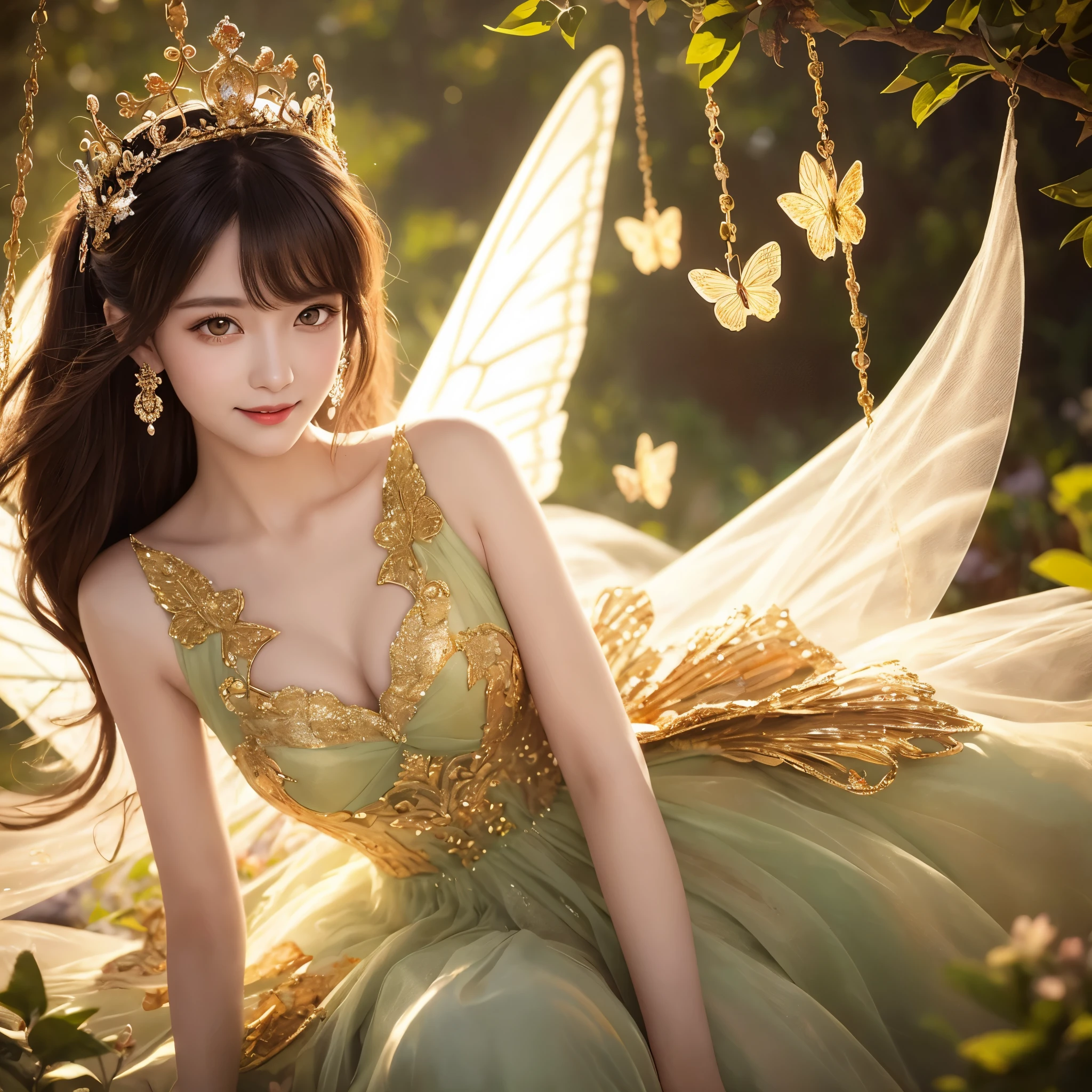 Delicate pupils,sitting down casually,lazy,A realistic fantasy masterpiece full of highlights., glinting, そしてConvoluted, ornate detail.. make a petite woman,wearing a beautiful and exquisite crown,sitting on the swing in the garden at night. she is a beautiful butterfly queen,long black hair is attractive, Incredibly realistic and detailed dynamic eyes,Colorful,realistic shaded. her skin is white and transparent, Her eyes are shining, her clothes are very elegant. Her dress is made of the finest tulle,Delicate e, Convoluted, Delicate floral details and gold silk butterfly sleeves. Your happy smile is cute. Also includes flowers that glow in the dark, many particles, very realistic fantasy butterfly,Decorated with translucent jewel-toned wings そしてConvoluted details, And shine. Artwork is Guviz style,reminds me of the genre,NP, Popular fantasy games on Artstation and Midjourney. camera: Use dynamic compositing techniques,Emphasizes elegant and delicate details.