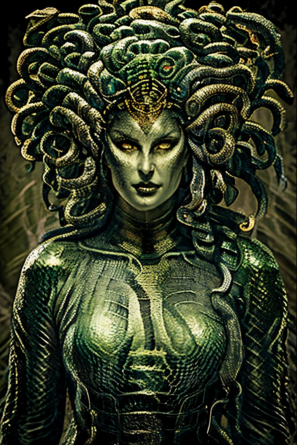 “Draw Medusa from Greek mythology based on her classical description. Portray a woman of unearthly beauty with a pale face, chiseled features and piercing eyes. Seu cabelo deve ser composto por serpentes vivas e venenosas, variando em tamanho e cor, com escamas reluzentes e olhos sinistros. Vista-a com uma veste que lembra uma armadura feita de escamas de serpentes. It has sharp claws on its hands and membranous wings on its back.. Make sure you capture the mischievous expression in his smile, while maintaining a menacing, petrifying look in his eyes. Convey your fearsome and terrifying nature in every detail.