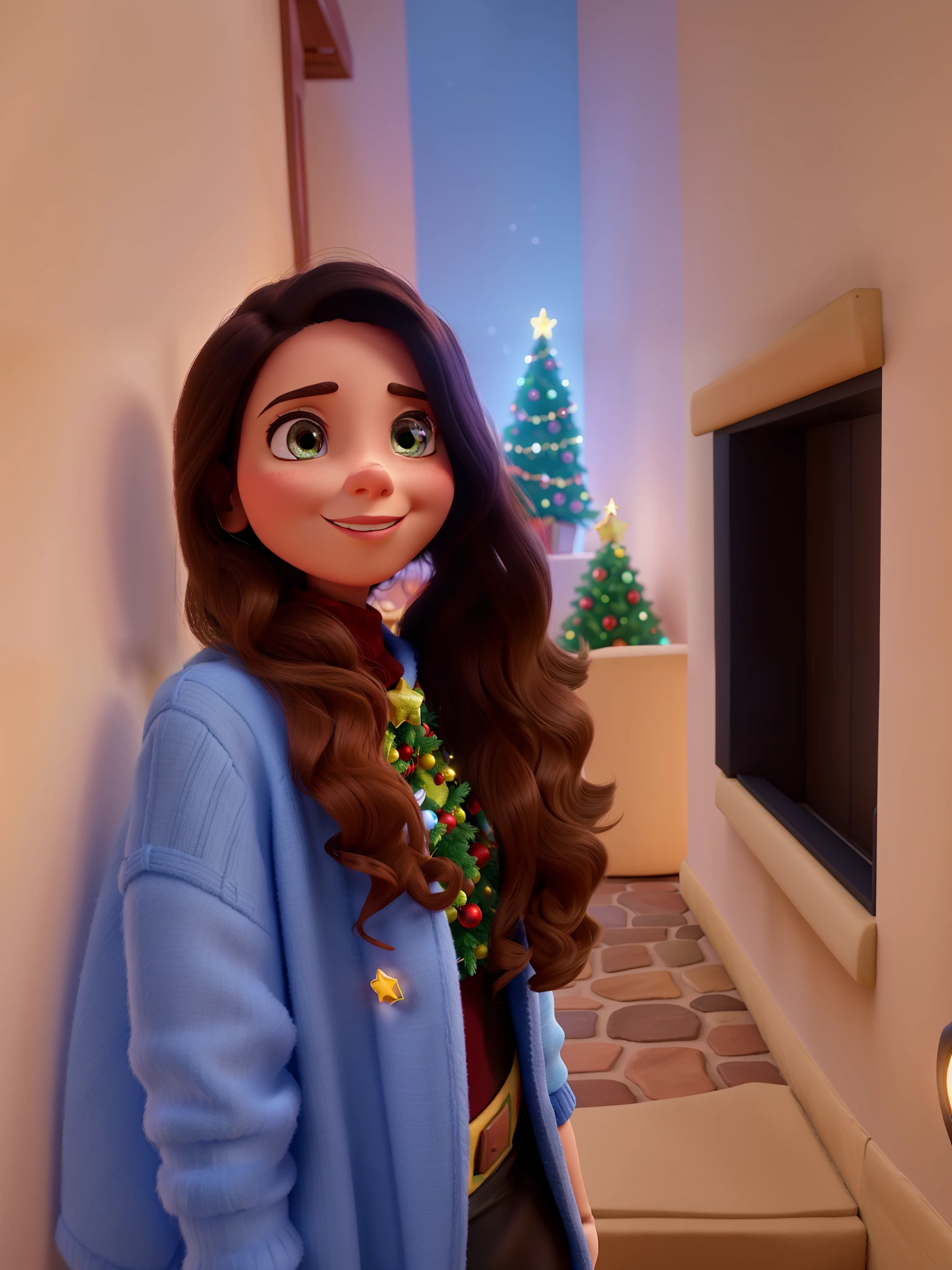 High quality Disney Pixar style image with a woman in front of a Christmas tree, la noche, With a tree in the background and flashing lights., Temporada de vacaciones, mujer feliz