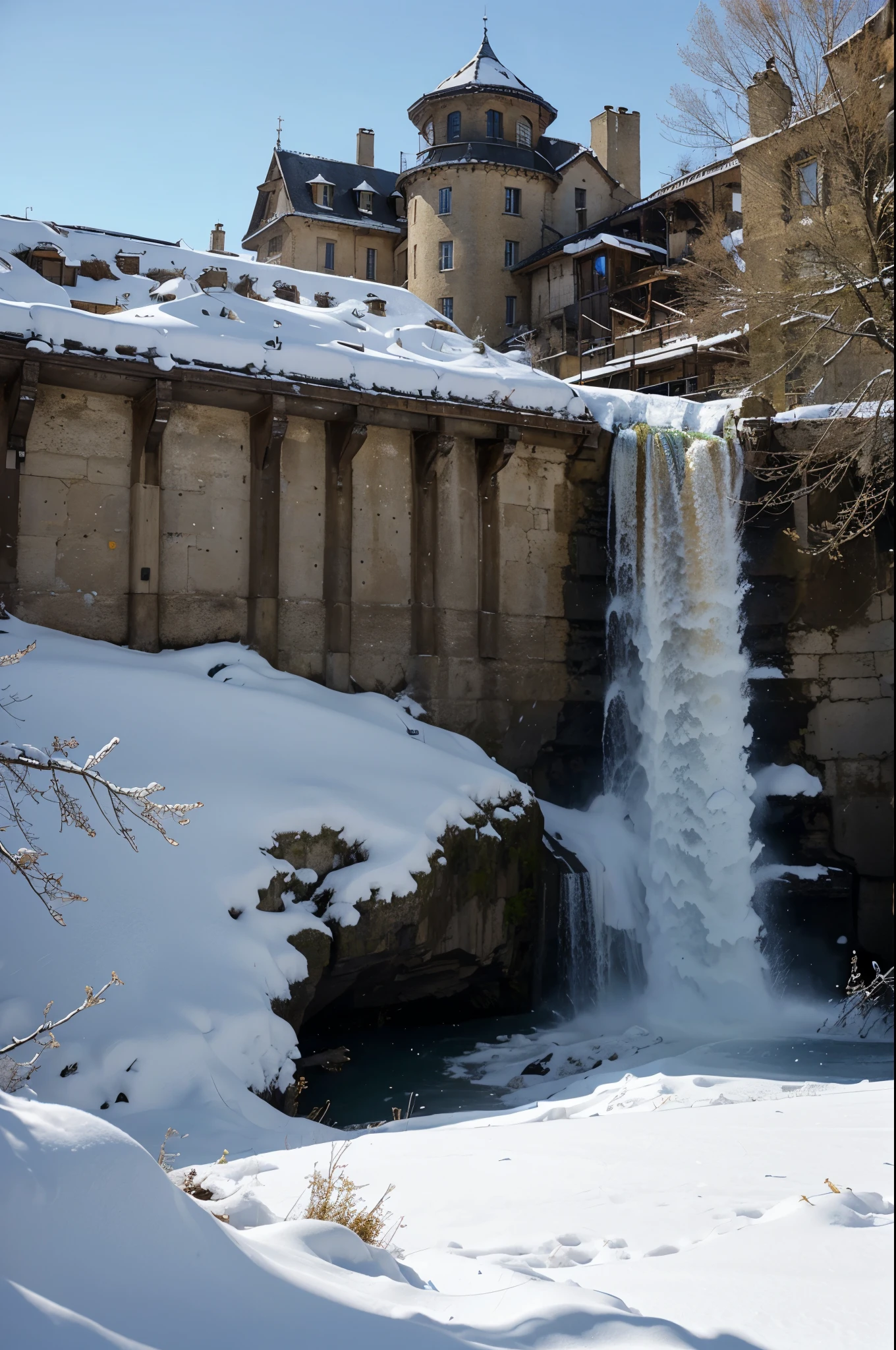 Paysage montagneux neige falaise torrent réaliste précis steampunk blu gold