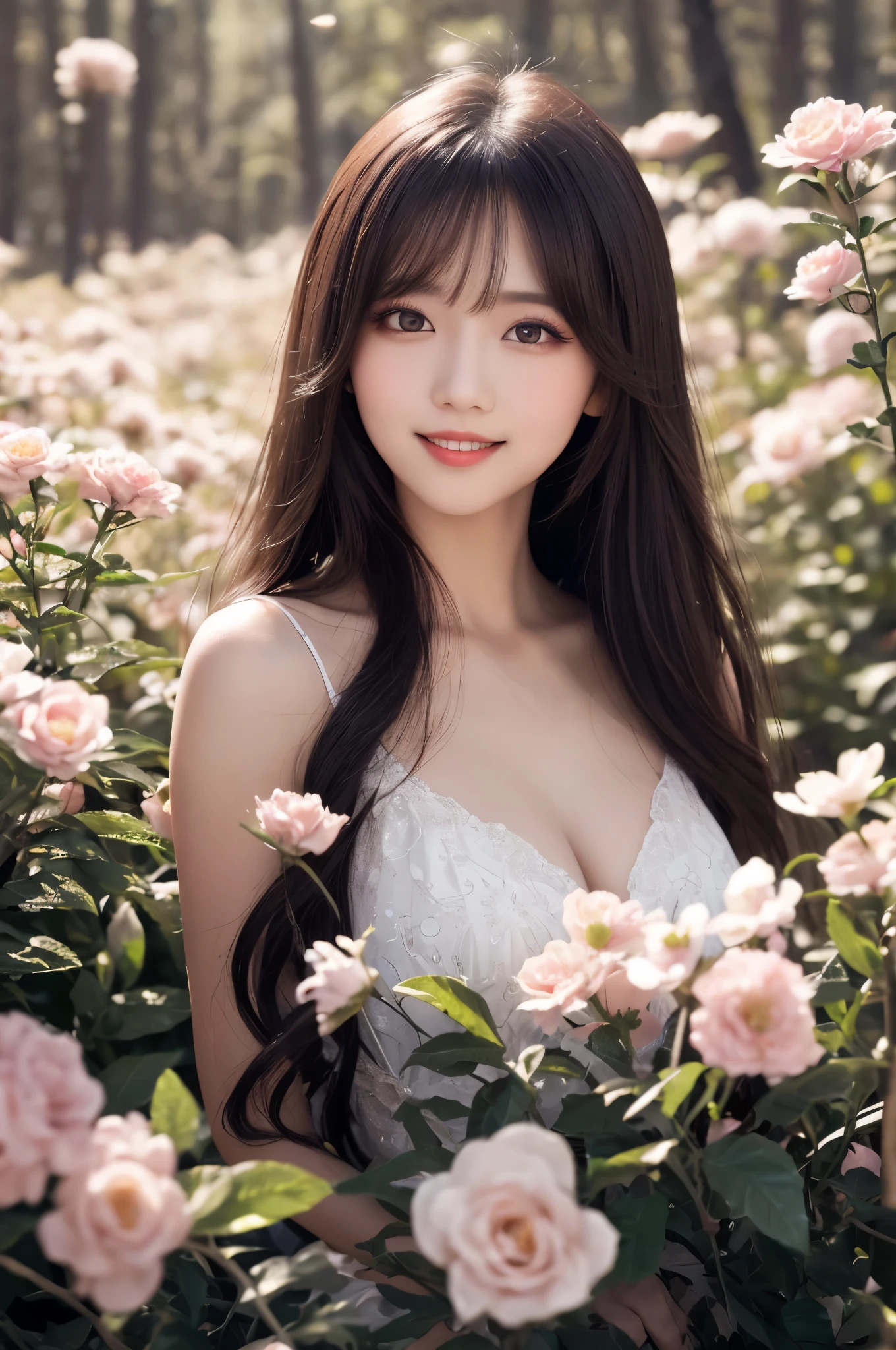 (Best Quality,8K,nffsw), Detailed upper body, A slender,loneliness girl, flower forest background, detailed facial features, elegant black long hair, almond shaped red eyes, detailed eye makeup, long fluttering eyelashes, sparkling stars, Intricate lip details, soft and harmonious style.Natural smile,hposing Gravure Idol