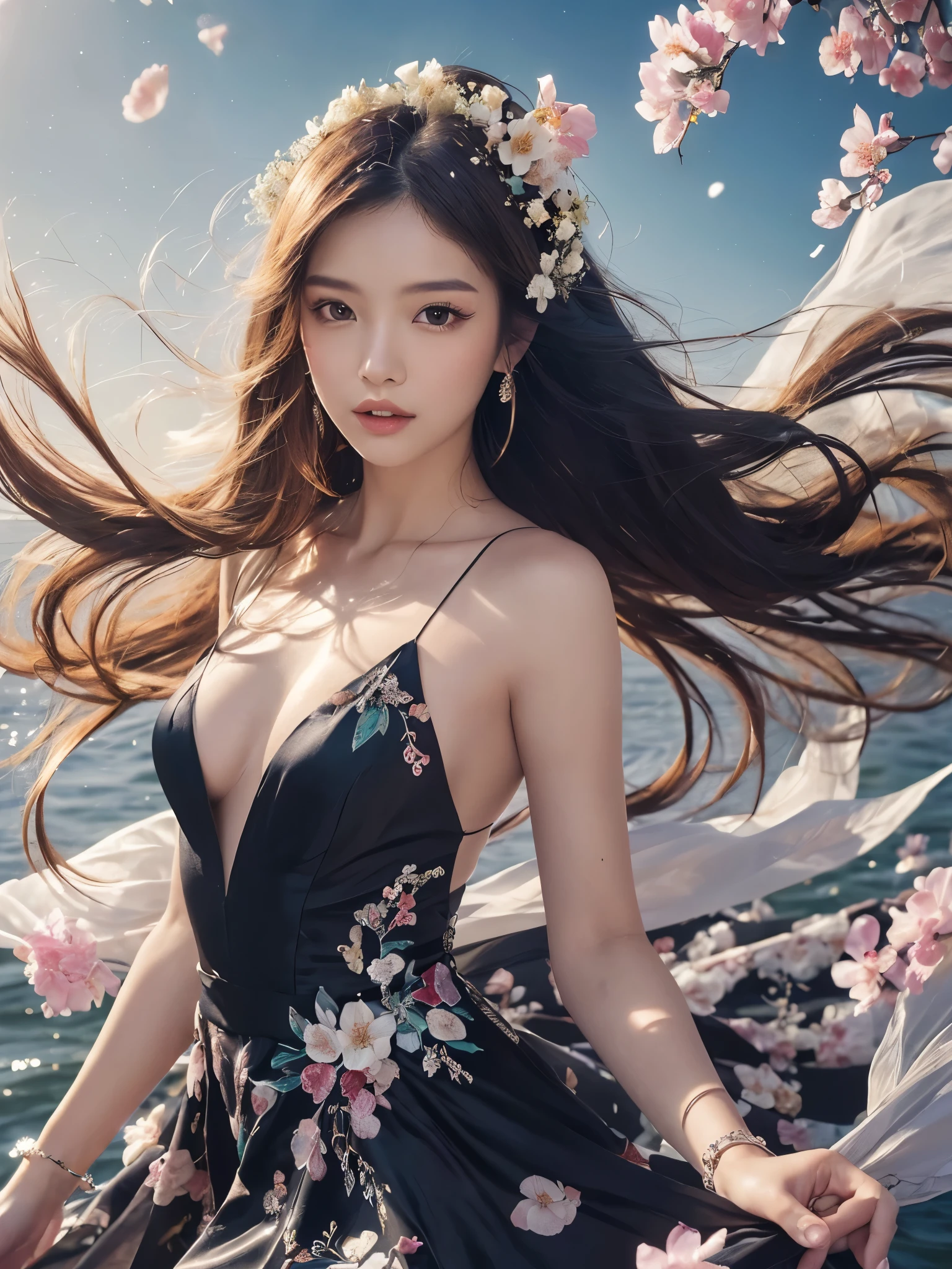 femele, Solo, Upper body, Silk dress, florals畑, florals, Wind blowing through, Flowing hair ,Dynamic Angle, (floating colorful sparkles:1.1) , Elegant, Ultra-detailed face, Detailed eyes, Shiny skin, Lustrous lips ,(Official art, Unity 8k壁纸, ultra-detailliert, Beautiful and aesthetic, masutepiece ,Best Quality:1.Phototriaritic:1.3)