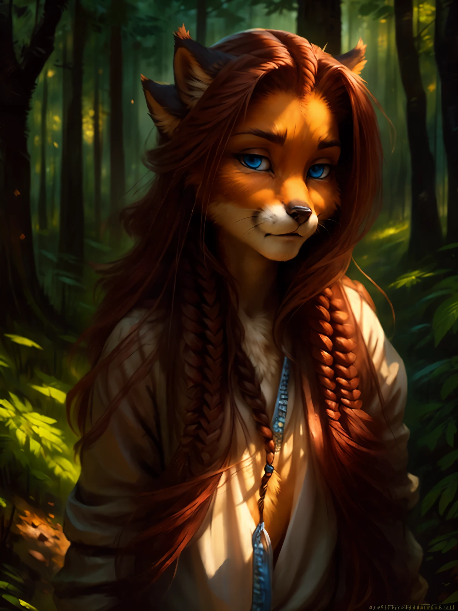 by kenket, by totesfleisch8, (by thebigslick, by silverfox5213:0.8), (by syuro:0.2),,,, Laura, Keidran, twokinds, by tom_fischbach,, (best quality, masterpiece:1), solo, furry female anthro, blue eyes, long hair, braided hair, reddish brown hair, portrait, fingers, finger claws, looking at viewer, fox tail, (outdoors dark forest trees blurry blurred background:1.1),