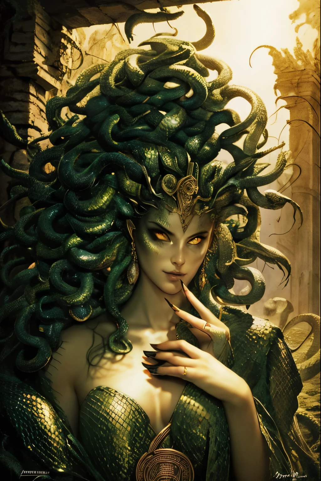 “Draw Medusa from Greek mythology based on her classical description. Portray a woman of unearthly beauty with a pale face, chiseled features and piercing eyes. Seu cabelo deve ser composto por serpentes vivas e venenosas, variando em tamanho e cor, com escamas reluzentes e olhos sinistros. Vista-a com uma veste que lembra uma armadura feita de escamas de serpentes. It has sharp claws on its hands and membranous wings on its back.. Make sure you capture the mischievous expression in his smile, while maintaining a menacing, petrifying look in his eyes. Convey your fearsome and terrifying nature in every detail.