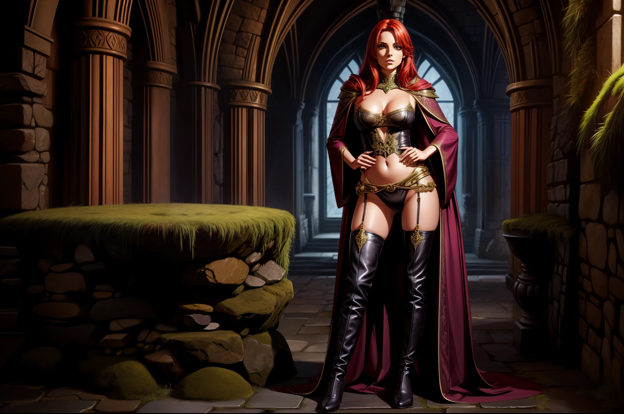 full body shot, 1girl, fantasy sorceress, mage robe, leg slit, redhead , legs, mossy stone walls in background,navel, panties, thigh high boots