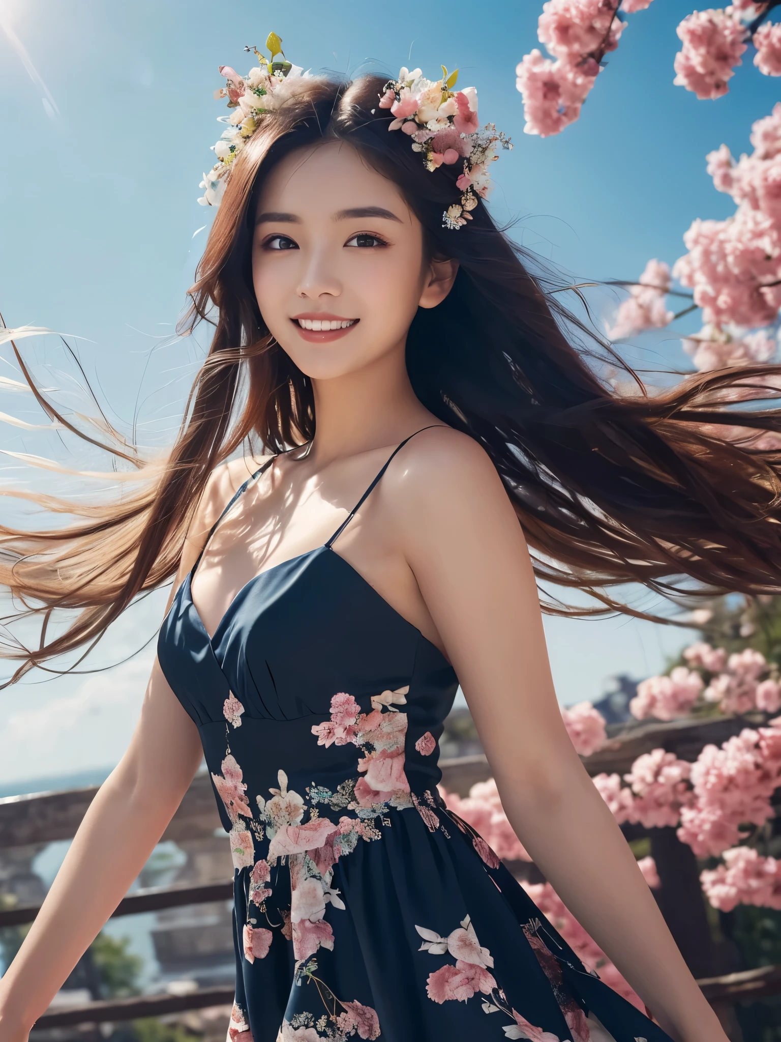 femele, Solo, Upper body, Silk dress, florals畑, florals, Wind blowing through, Flowing hair ,Dynamic Angle, (floating colorful sparkles:1.1) , Elegant, Ultra-detailed face, Detailed eyes, Shiny skin, Lustrous lips ,(Official art, Unity 8k壁纸, ultra-detailliert, Beautiful and aesthetic, masutepiece ,Best Quality:1.Phototriaritic:1.3),Natural smile