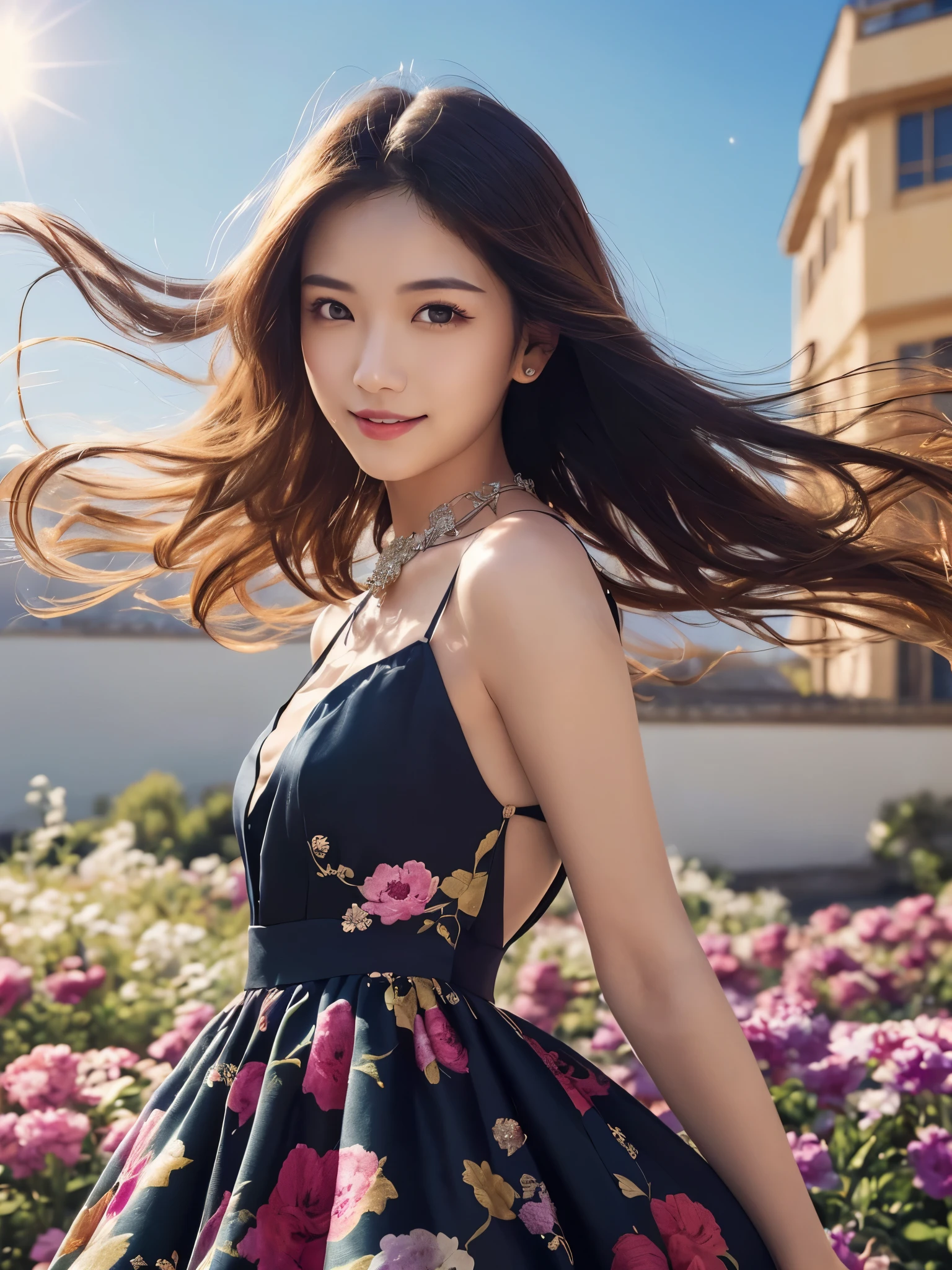 femele, Solo, Upper body, plain silk dress, florals畑, florals, Wind blowing through, Flowing hair ,Dynamic Angle, (floating colorful sparkles:1.1) , Elegant, Ultra-detailed face, Detailed eyes, Shiny skin, Lustrous lips ,(Official art, Unity 8k壁纸, ultra-detailliert, Beautiful and aesthetic, masutepiece ,Best Quality:1.Phototriaritic:1.3),Natural smile