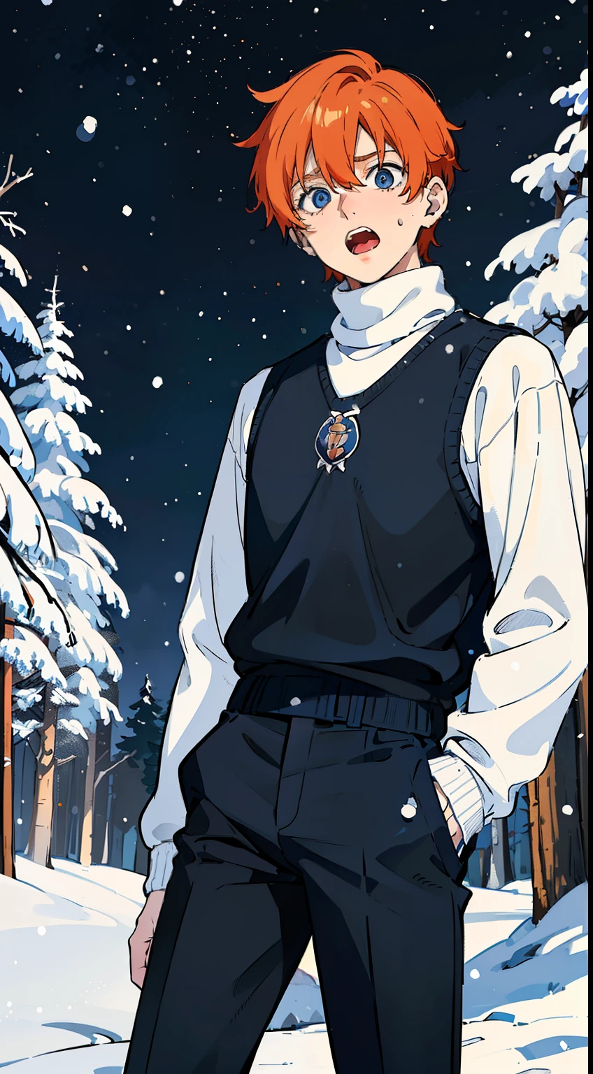 (1boy,,18 years old), orange hair, blue eyes,(black pants),(((white sweater,turtleneck))),(snow,snowing,night,in a forest,night),((scared face,open mouth)),cowboy shot,((standing,from front)),night