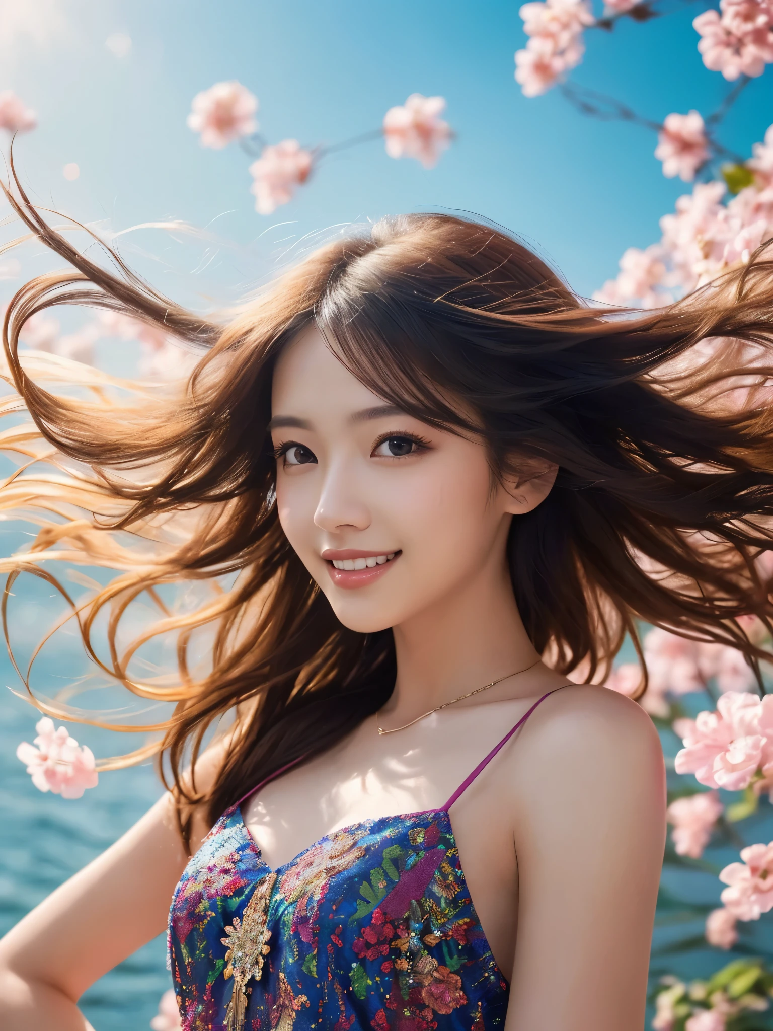 femele, Solo, Upper body, plain silk dress, florals畑, florals, Wind blowing through, Flowing hair ,Dynamic Angle, (floating colorful sparkles:1.1) , Elegant, Ultra-detailed face, Detailed eyes, Shiny skin, Lustrous lips ,(Official art, Unity 8k壁纸, ultra-detailliert, Beautiful and aesthetic, masutepiece ,Best Quality:1.Phototriaritic:1.3),Natural smile