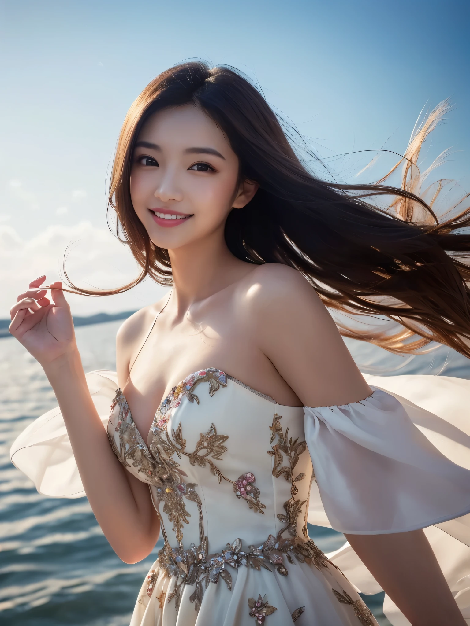 femele, Solo, Upper body, plain silk dress, florals畑, florals, Wind blowing through, Flowing hair ,Dynamic Angle, (floating colorful sparkles:1.1) , Elegant, Ultra-detailed face, Detailed eyes, Shiny skin, Lustrous lips ,(Official art, Unity 8k壁纸, ultra-detailliert, Beautiful and aesthetic, masutepiece ,Best Quality:1.Phototriaritic:1.3),Natural smile