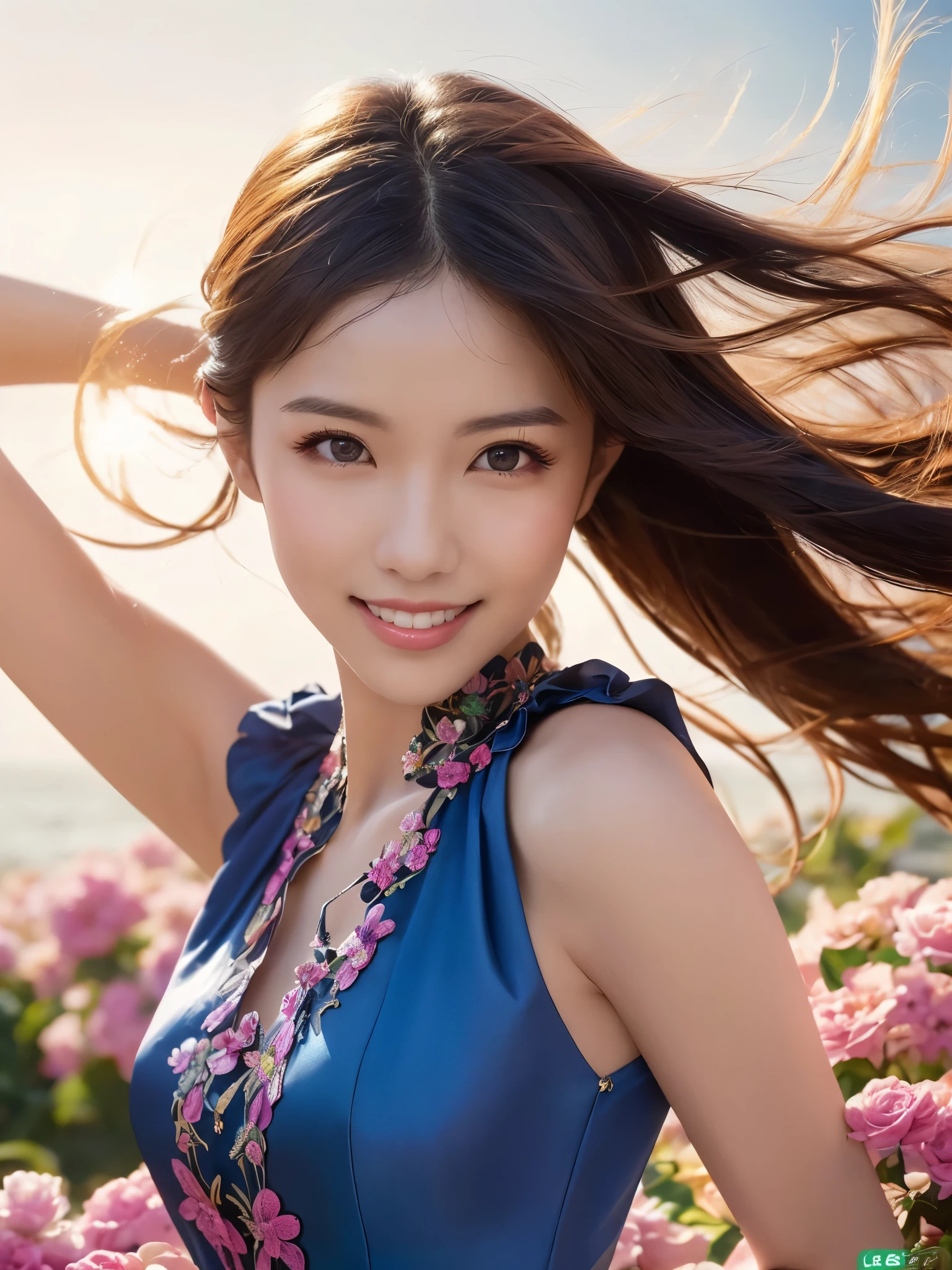 femele, Solo, Upper body, plain silk dress, florals畑, florals, Wind blowing through, Flowing hair ,Dynamic Angle, (floating colorful sparkles:1.1) , Elegant, Ultra-detailed face, Detailed eyes, Shiny skin, Lustrous lips ,(Official art, Unity 8k壁纸, ultra-detailliert, Beautiful and aesthetic, masutepiece ,Best Quality:1.Phototriaritic:1.3),Natural smile