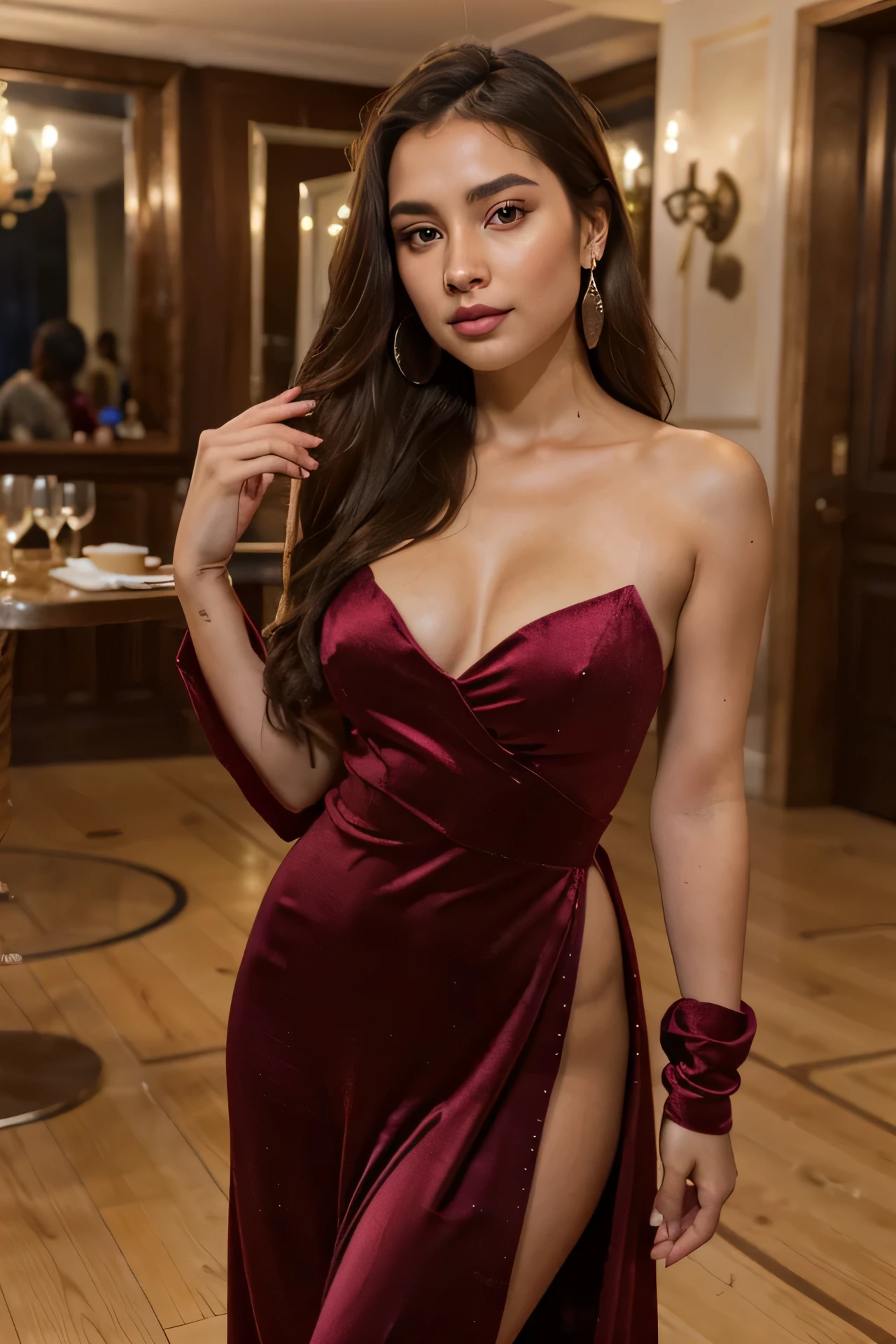 A beautiful girl wears a floor-length velvet gown in a deep jewel tone, paired with long satin gloves and statement earrings. Ambient: The gala venue is adorned with winter-themed decoration, including silver and blue accents. Guests enjoy a sophisticated evening of dining, dancing, and socializing. She has a brown silky hair, big brown eyes, beautiful face, bright facial skin, impressionless, very beautiful Instagram model, realistic image. Dynamic composition, motion, ultra - detailed, incredibly detailed, a lot of details, amazing fine details and brush strokes, smooth