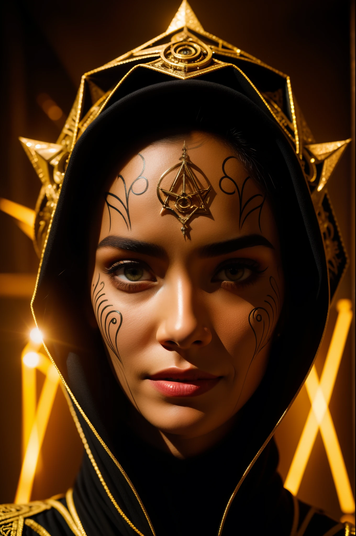 Illuminati acolyte's close-up portrait, vibrant and detailed eyes, mysterious smile, intense gaze, intricate facial features, illuminated symbols on the forehead, secretive expression, enigmatic personality, dark background, ancient symbols, glowing aura, hidden motives, sharp focus, masterful lighting, high-res rendering, impeccable attention to detail, illuminating atmosphere, dramatic shadows, conspiracy undertones, surreal ambiance, mystical energy, intense color palette, otherworldly appearance, symbolizes power and secrecy.