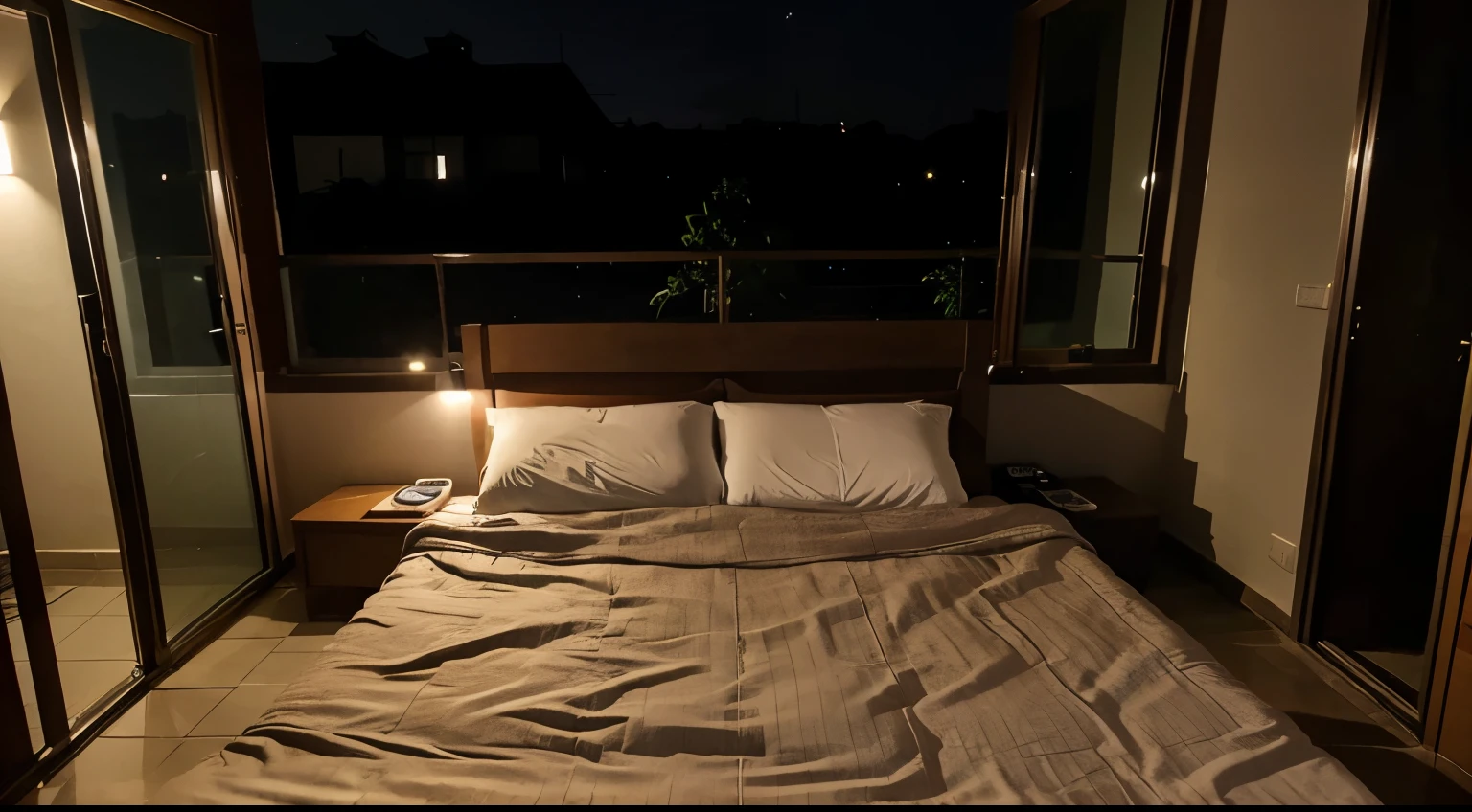 bed room view at doorstep, night time