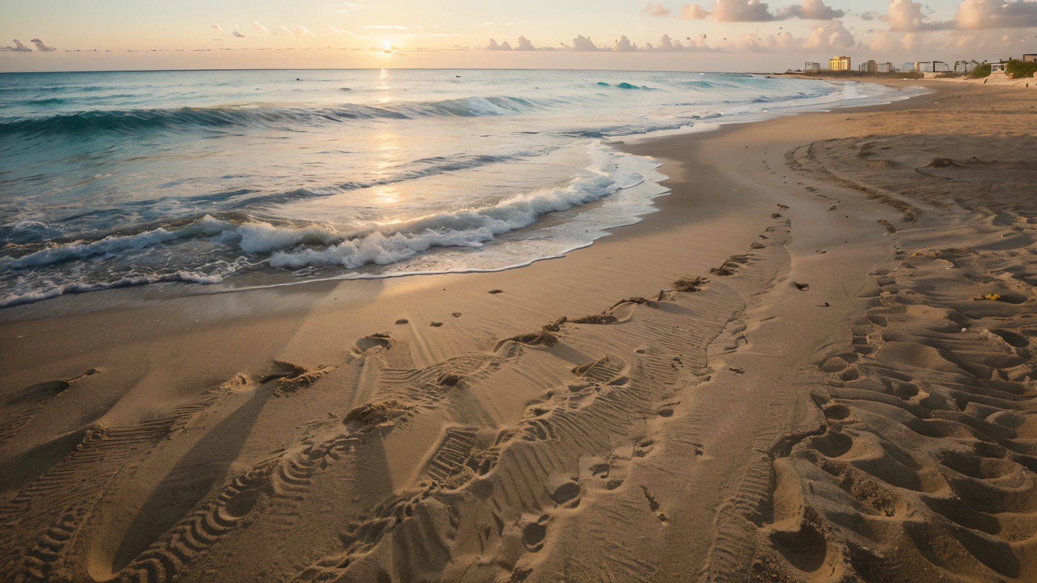 a view of a sandy beach with a sand castle on the shore, Caribbean white sand, Varadero beach, Caribbean, white sandy beach, sand and sea, sandy beach, breath-taking beautiful beach, white sand beach, beautiful beach, 1 2 9 7, sand, sandcastle, beach, footprints in the sand, beach setting, 1 4 9 3, evening yellow mixed orange sunset beautifully overcasting the beach