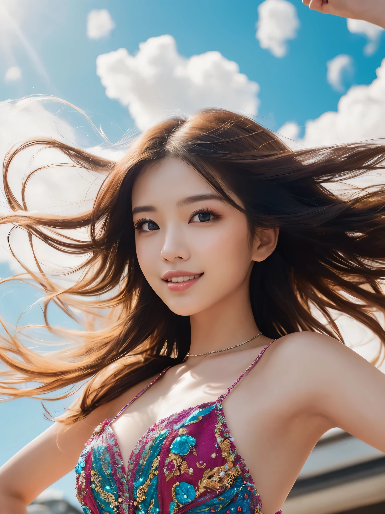femele, Solo, Upper body, plain silk dress, florals畑, florals, Wind blowing through, Flowing hair ,Dynamic Angle, (floating colorful sparkles:1.1) , Elegant, Ultra-detailed face, Detailed eyes, Shiny skin, Lustrous lips ,(Official art, Unity 8k壁纸, ultra-detailliert, Beautiful and aesthetic, masutepiece ,Best Quality:1.Phototriaritic:1.3),Natural smile