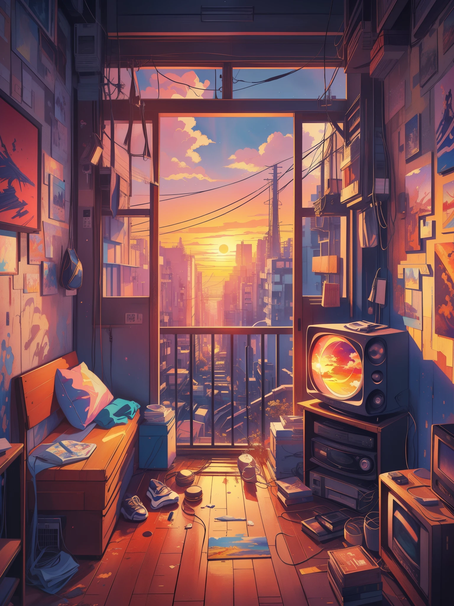 draw a painting of a an small old honkong apartment with retro furniture, old style tv, modern city visible from window, wires, messy, sunset, cloudy sky, vibrant saturated tones, anime background art, japanese art style, colorful, cloudy sky, anime art wallpaper 8 k, anime art wallpaper 4k, anime art wallpaper 4 k, 8k high quality detailed art, 4k highly detailed digital art, anime wallpaper 4k, anime wallpaper 4 k