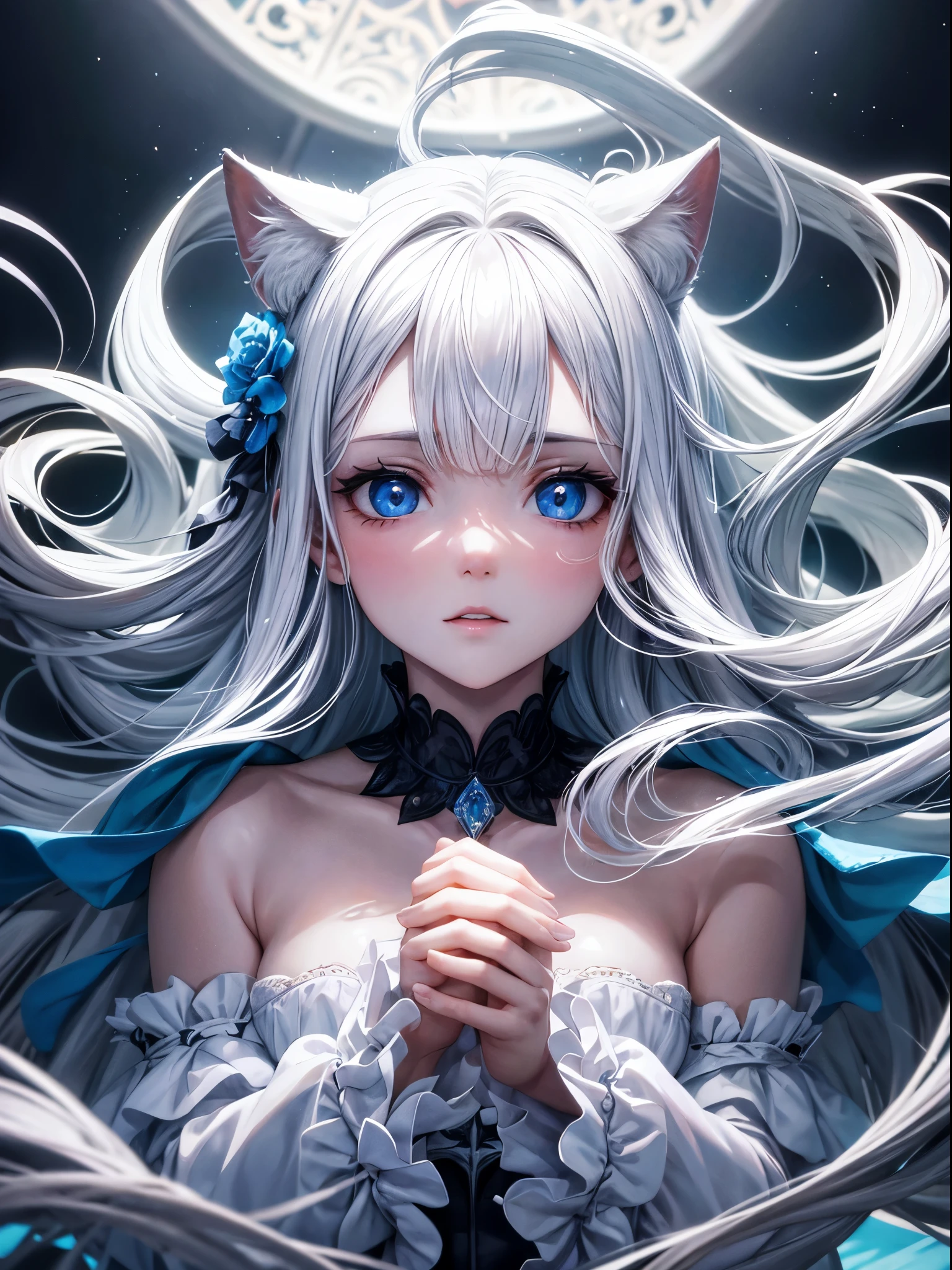 Adulta de pelo blanco con orejas de gato y ojos azules, inclinandose hacia delante con cara de placer, con pechos grandes y caderas grandes, en un cuarto oscuro