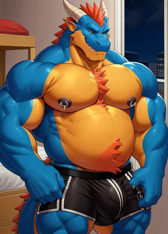 anthro, male, 1boy, solo focus, dragon, college dorm, night, dim, detailed eyes, detailed speedo, detailed clothing, bare chest, big pecs, huge belly, detailed nipple piercings, detailed nose piercing, big underwear bulge,