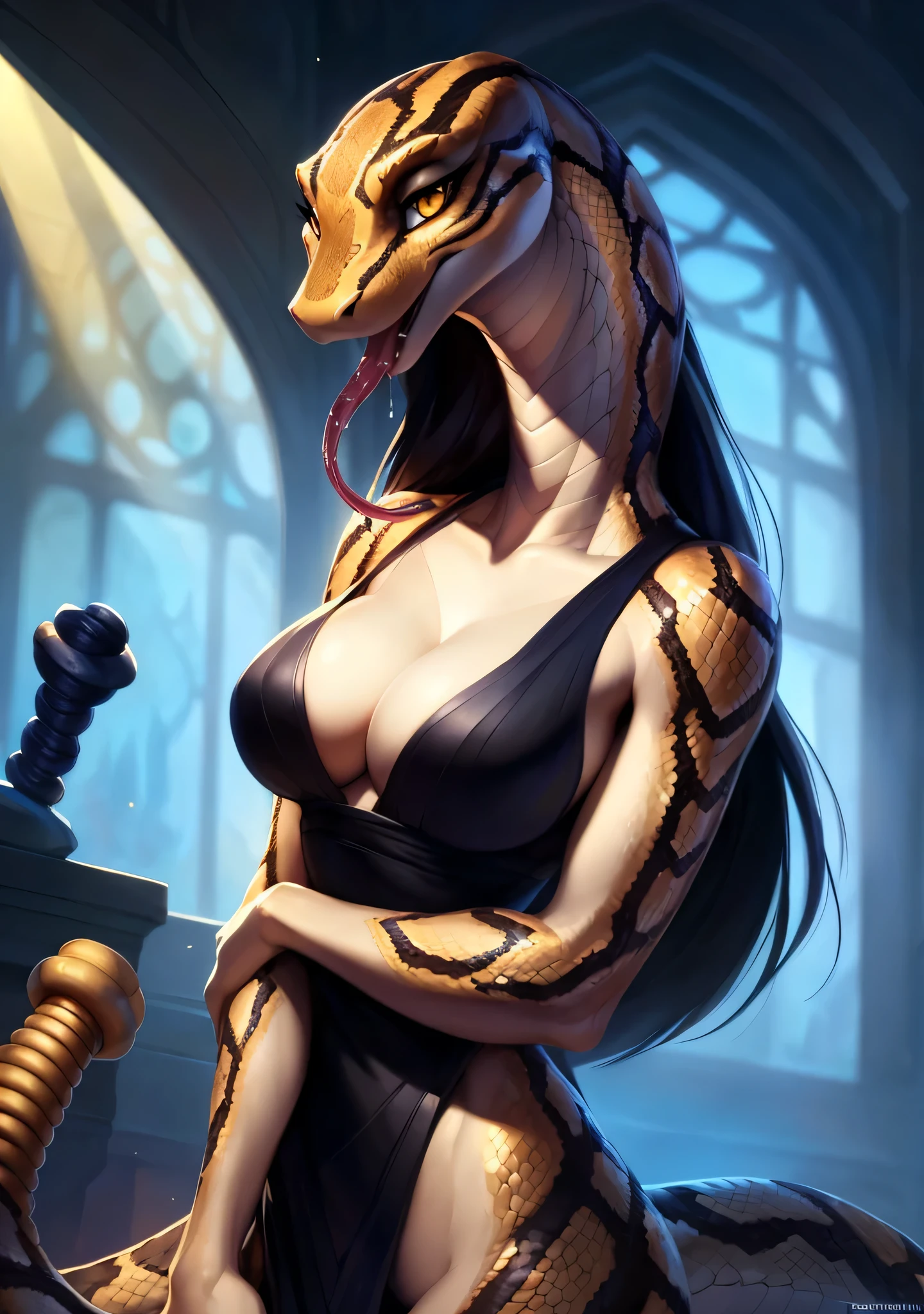 uploaded on e621, by Pixelsketcher, by Bayard Wu, by Thomas Benjamin Kennington , by Einshelm, solo anthro, (( portrait)), BREAK, very sweaty, ((mouth open, long reptile tongue out, saliva dripping)), (detailed Bonifasko lighting), (detailed scales), (detailed skin), (rattle snake, rattle snake, rattle snake), (extremely long neck), (her own arm holding her own elbow), BREAK, ((long thick rattle tail)), ((long black haicing viewer)), (cinematic lighting), ((detailed background)), ((face portrait view)), (((face view))), (half body shadow), [backlighting], [crepuscular ray], [detailed ambient light], [gray natural lighting], [ambient light], (higher wildlife feral detail), [explict content], [sharp focus], (questionable content), (shaded), ((masterpiece), her own arms holding her own elbow, long hair, medium breasts, [saliva dripping] breasts, furry rattle snake, snake face, furry Fantasy Art, furry Art, Commission for High Res, anthro Art, Art,Sakimichan beautiful, masterpiece, medium breasts, best quality, detailed image, bright colors, detailed face, perfect lighting, perfect shadows, perfect eyes, girl focus, yellow eyes, flawless face, big breasts,  extremely long neck, face focus, ((long thick rattle tail)) snake, snake girl, scales, scales woman, snake nose, large long muzzle, long black hair, colorful scales, gaze at the viewer, half-closed eyes, 1girl, solo, (masterpiece), (best quality), (illustration), (cinematic lighting), long hair, detailed scales, balanced coloring, global illumination, ray tracing, good lighting, scales, anthro, showing breasts, cleavage, looking at viewer, seductive look, SFW