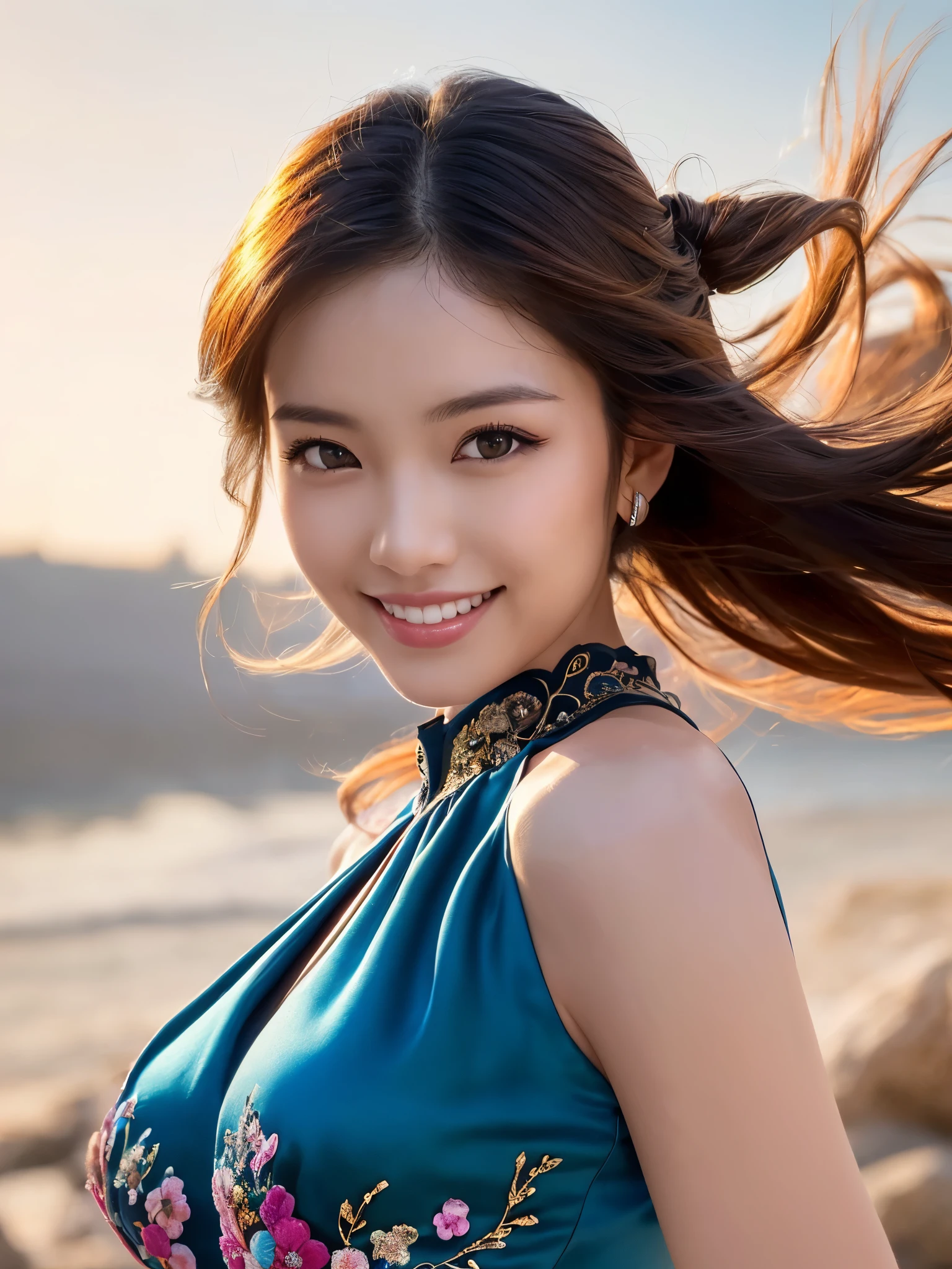 femele, Solo, Upper body,( plain silk dress), florals畑, florals, Wind blowing through, Flowing hair ,Dynamic Angle, (floating colorful sparkles:1.1) , Elegant, Ultra-detailed face, Detailed eyes, Shiny skin, Lustrous lips ,(Official art, Unity 8k壁纸, ultra-detailliert, Beautiful and aesthetic, masutepiece ,Best Quality:1.Phototriaritic:1.3),Natural smile