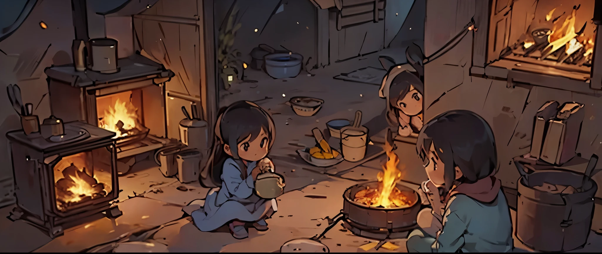 villages，Winters，Chinese architecture，interior scenes，Mother and child，cook，clay oven