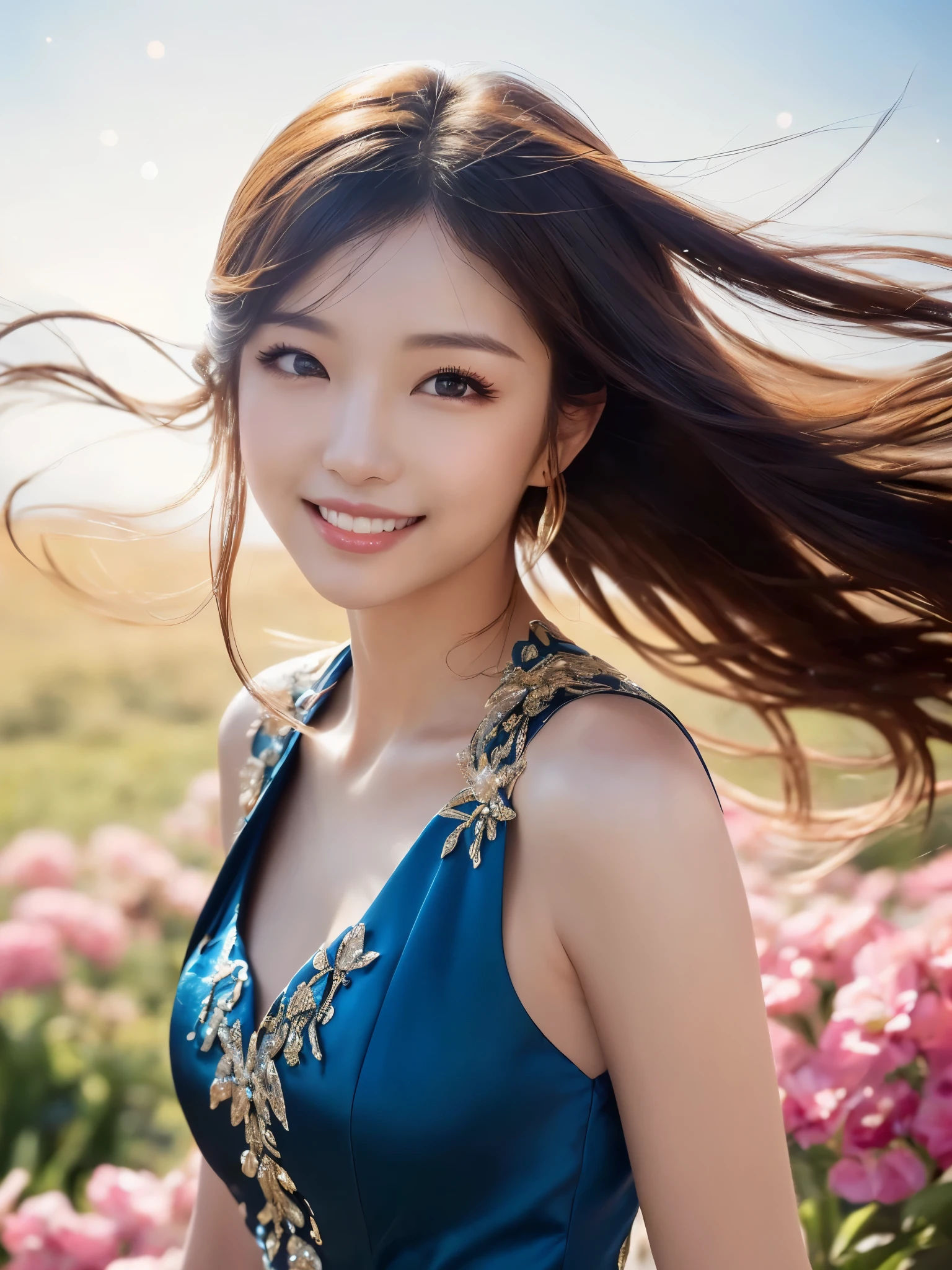 femele, Solo, Upper body,( plain silk dress loral field, florals, Wind blowing through, Flowing hair ,Dynamic Angle, (floating colorful sparkles:1.1) , Elegant, Ultra-detailed face, Detailed eyes, Shiny skin, Lustrous lips ,(Official art, Unity 8k壁纸, ultra-detailliert, Beautiful and aesthetic, masutepiece ,Best Quality:1.Phototriaritic:1.3),Natural smile