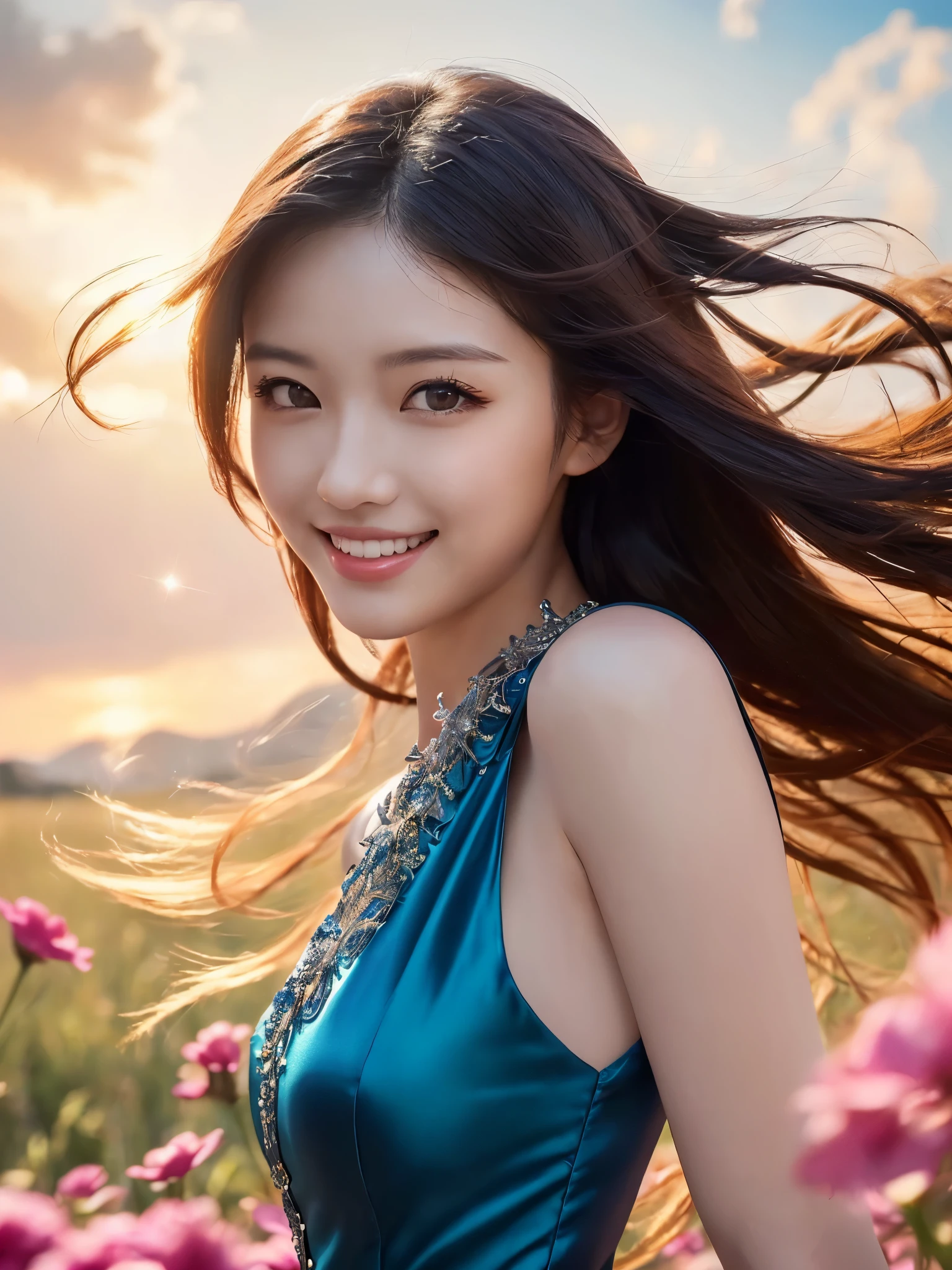 femele, Solo, Upper body,( plain silk dress loral field, florals, Wind blowing through, Flowing hair ,Dynamic Angle, (floating colorful sparkles:1.1) , Elegant, Ultra-detailed face, Detailed eyes, Shiny skin, Lustrous lips ,(Official art, Unity 8k壁纸, ultra-detailliert, Beautiful and aesthetic, masutepiece ,Best Quality:1.Phototriaritic:1.3),Natural smile