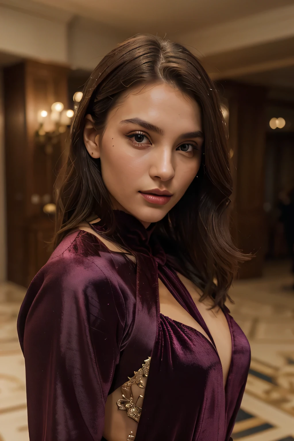 A beautiful girl wears a floor-length velvet gown in a deep jewel tone, paired with long satin gloves. Ambient: The gala venue is adorned with winter-themed decoration, including silver and blue accents. She has a brown silky hair, big brown eyes, beautiful face, bright facial skin, impressionless, very beautiful Instagram model, realistic image. Dynamic composition, motion, ultra - detailed, incredibly detailed, a lot of details, amazing fine details and brush strokes, smooth