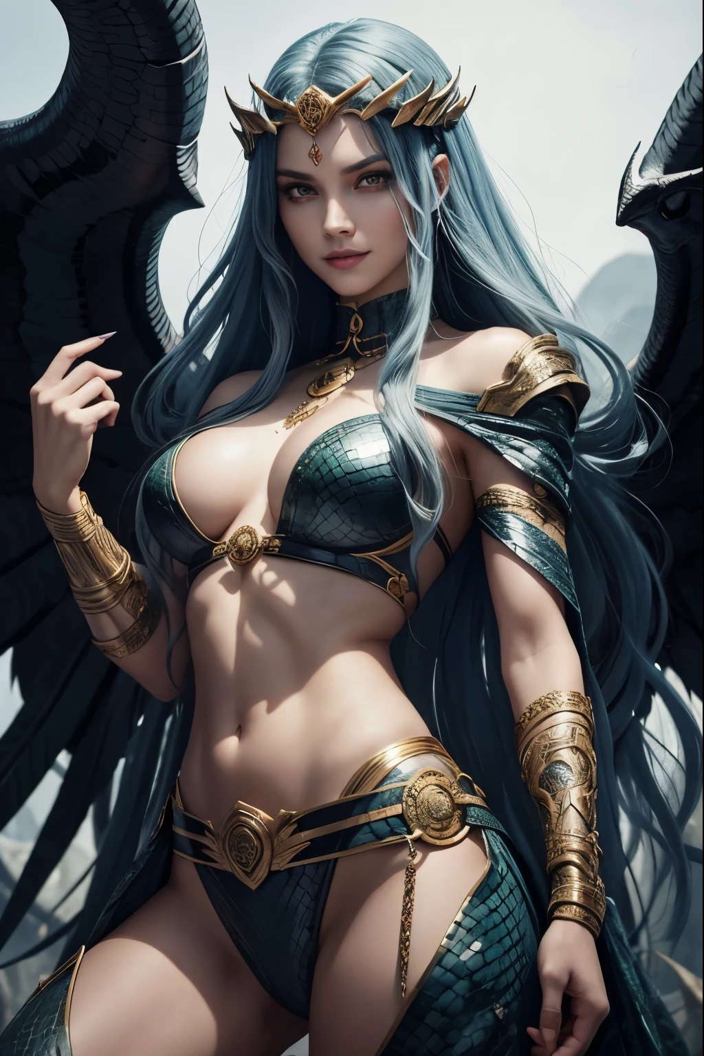 “Draw Medusa from Greek mythology based on her classical description. Portray a woman of unearthly beauty with a pale face, chiseled features and piercing eyes. Seu cabelo deve ser composto por serpentes vivas e venenosas, variando em tamanho e cor, com escamas reluzentes e olhos sinistros. Vista-a com uma veste que lembra uma armadura feita de escamas de serpentes. It has sharp claws on its hands and membranous wings on its back.. Make sure you capture the mischievous expression in his smile, while maintaining a menacing, petrifying look in his eyes. Convey your fearsome and terrifying nature in every detail.