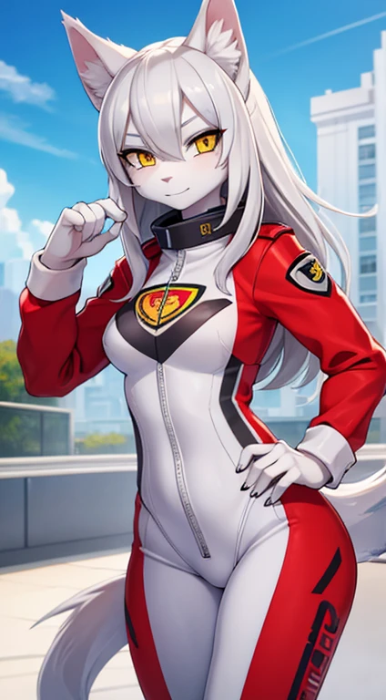 Beautiful Wolf Female, Grey Skin, White Hair, Yellow Eyes, Red Suit Ferrari Pilot Racing